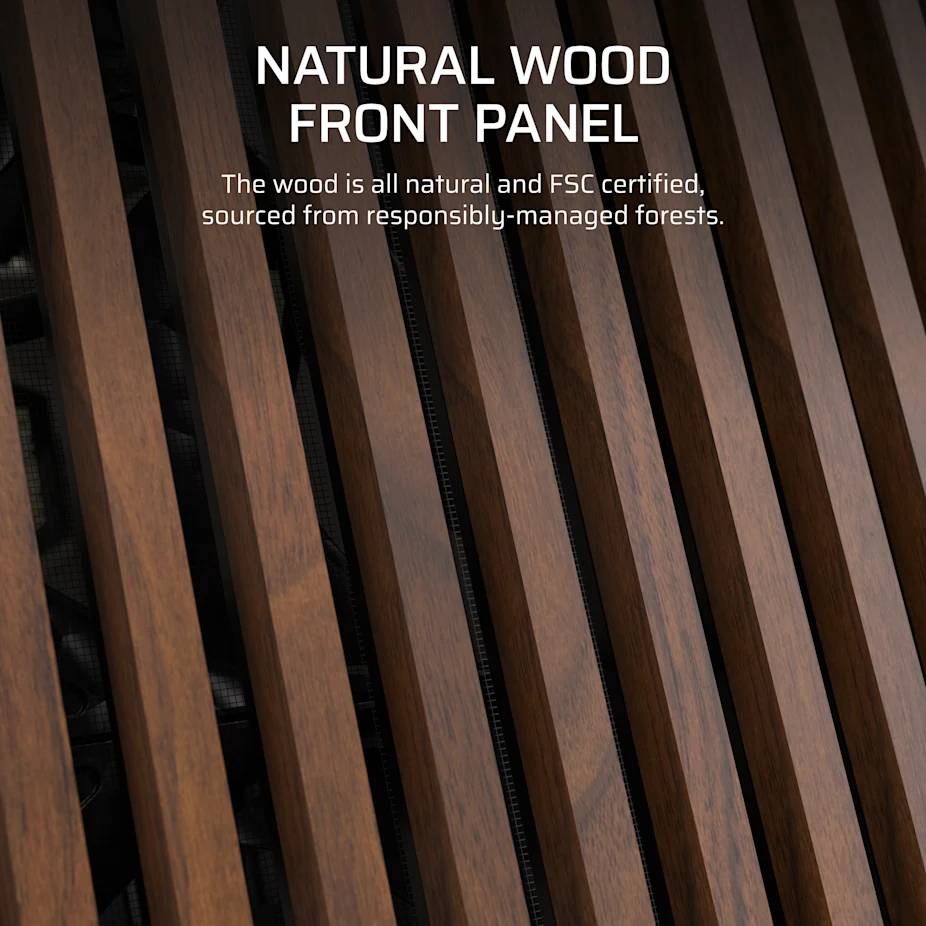 Natürliche Holzfront mit FSC-zertifiziertem Holz aus verantwortungsvoll bewirtschafteten Wäldern.