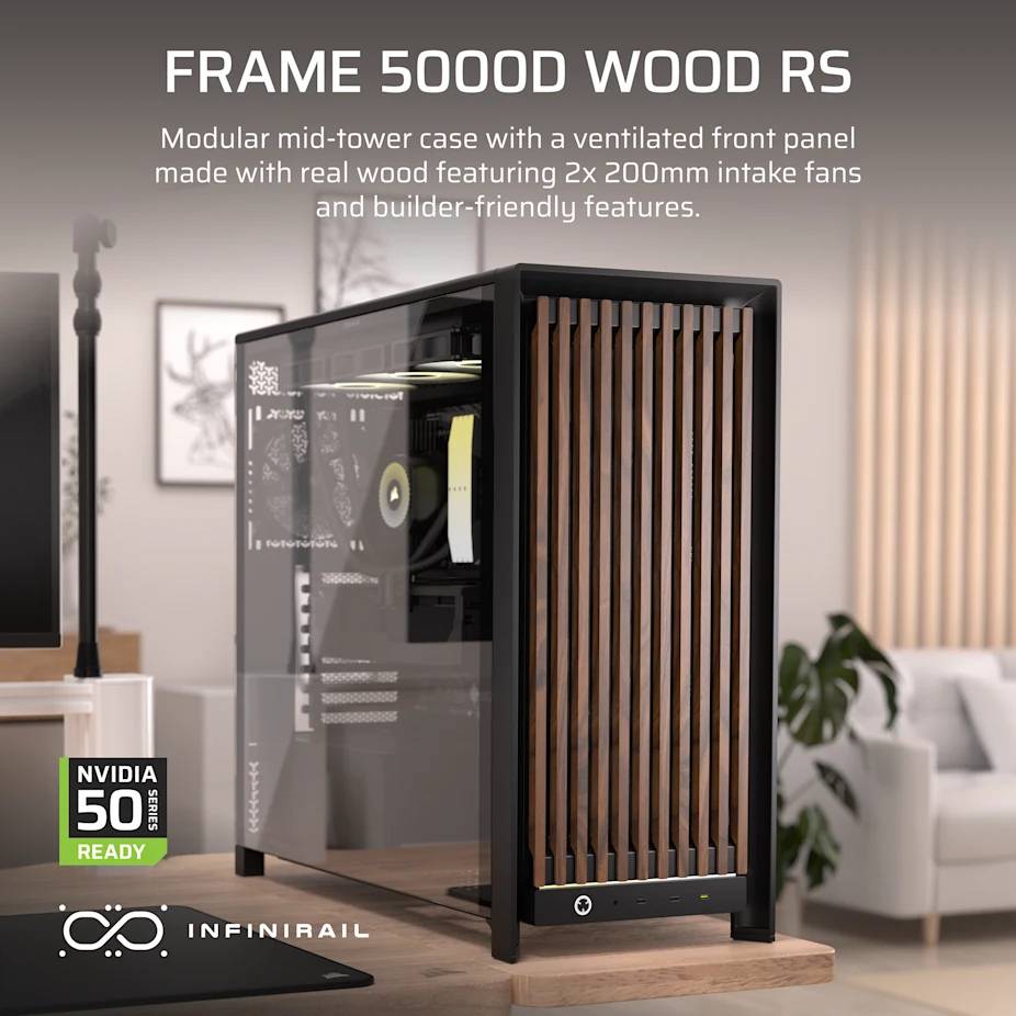 Werbebild eines Fractal Design Frame 5000D Wood RS PC-Gehäuses, ein Mid-Tower mit belüftetem Echtholz-Frontpaneel und 2x 200-mm-Einlasslüftern.