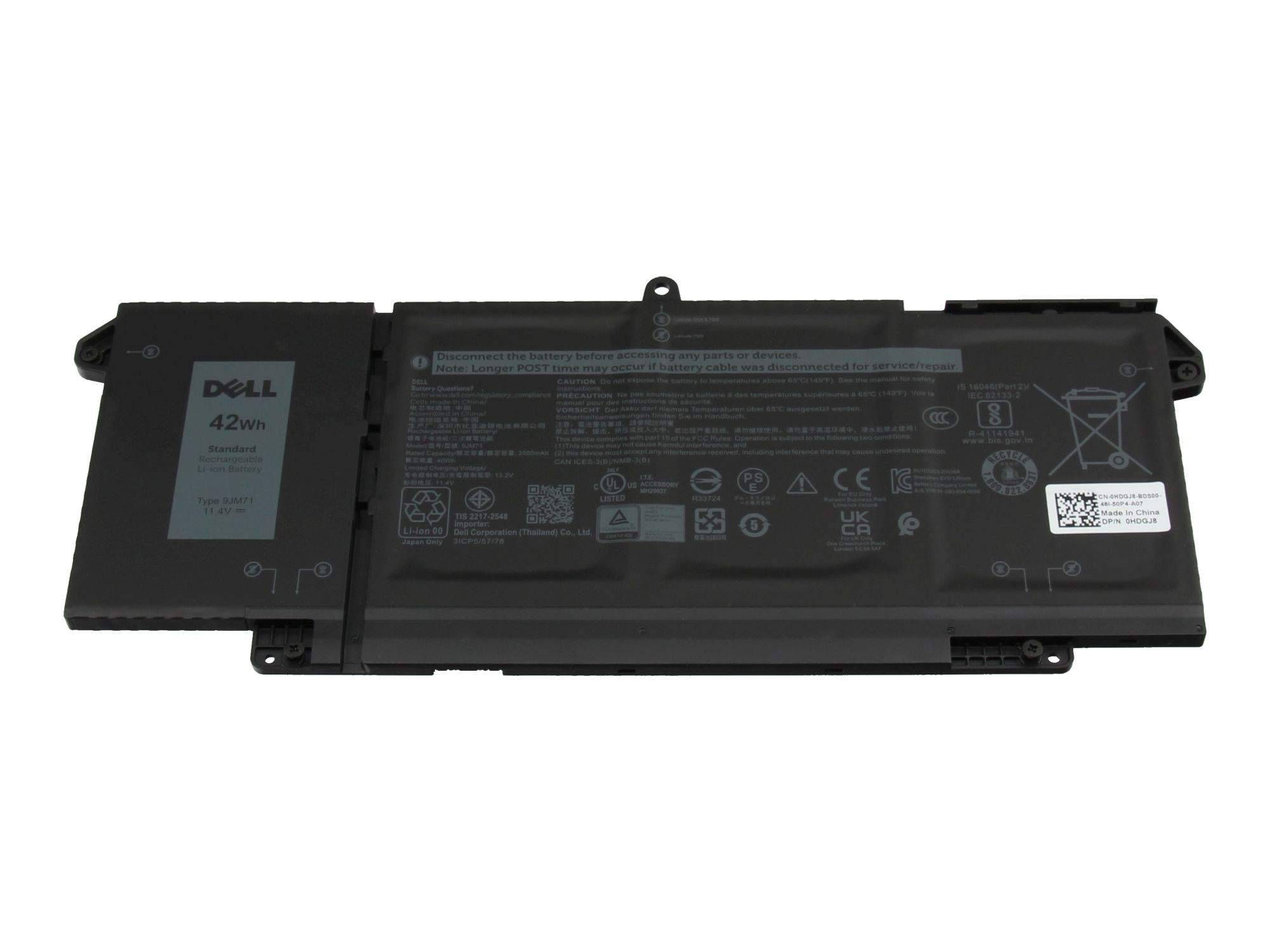 Dell 42-Wh-Laptop-Akku-Pack auf weißem Hintergrund dargestellt.