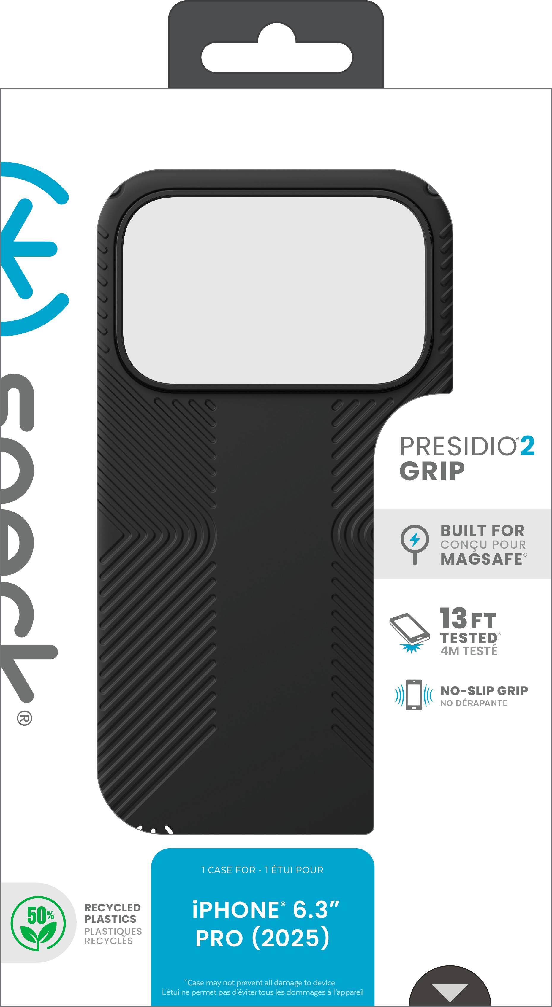 Produktverpackung für eine Speck Presidio2 Grip Handyhülle für iPhone 6,3 Zoll Pro (2025), schwarze strukturierte Hülle mit MagSafe und Fallschutz aus 13 Fuß Höhe.
