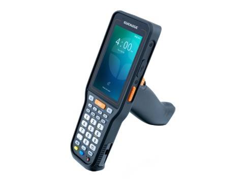 Robuster tragbarer Barcode-Scanner mit Touchscreen und Tastatur in einer Ladestation.