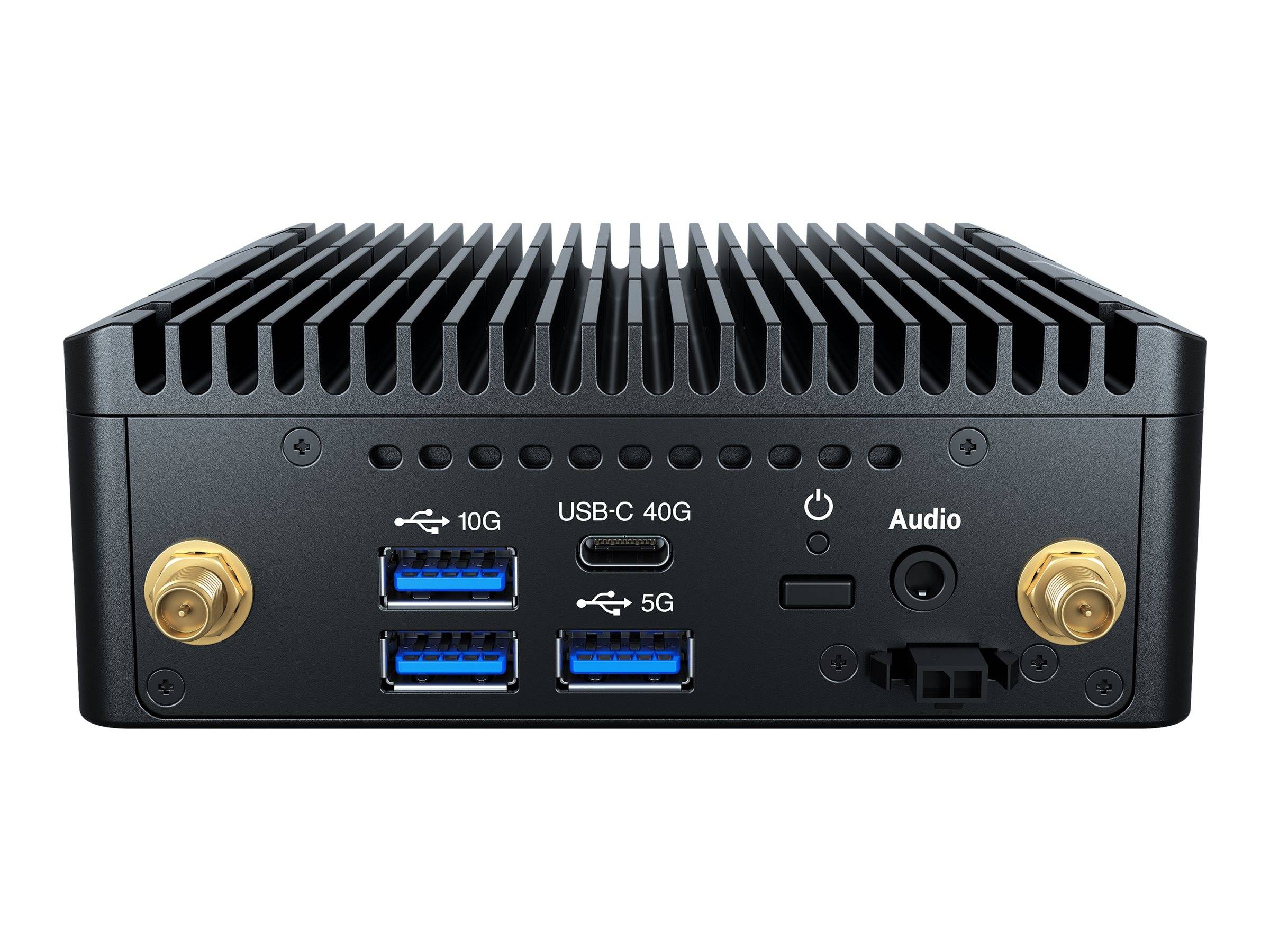 Frontansicht eines kompakten Mini-PCs mit Anschlüssen: zwei vergoldete Antennenstecker, zwei USB-A-10G-Anschlüsse, ein USB-C-40G-Anschluss, ein USB-C-5G-Anschluss, Energieschalter, Audiobuchse und ein kleiner Frontanschluss.