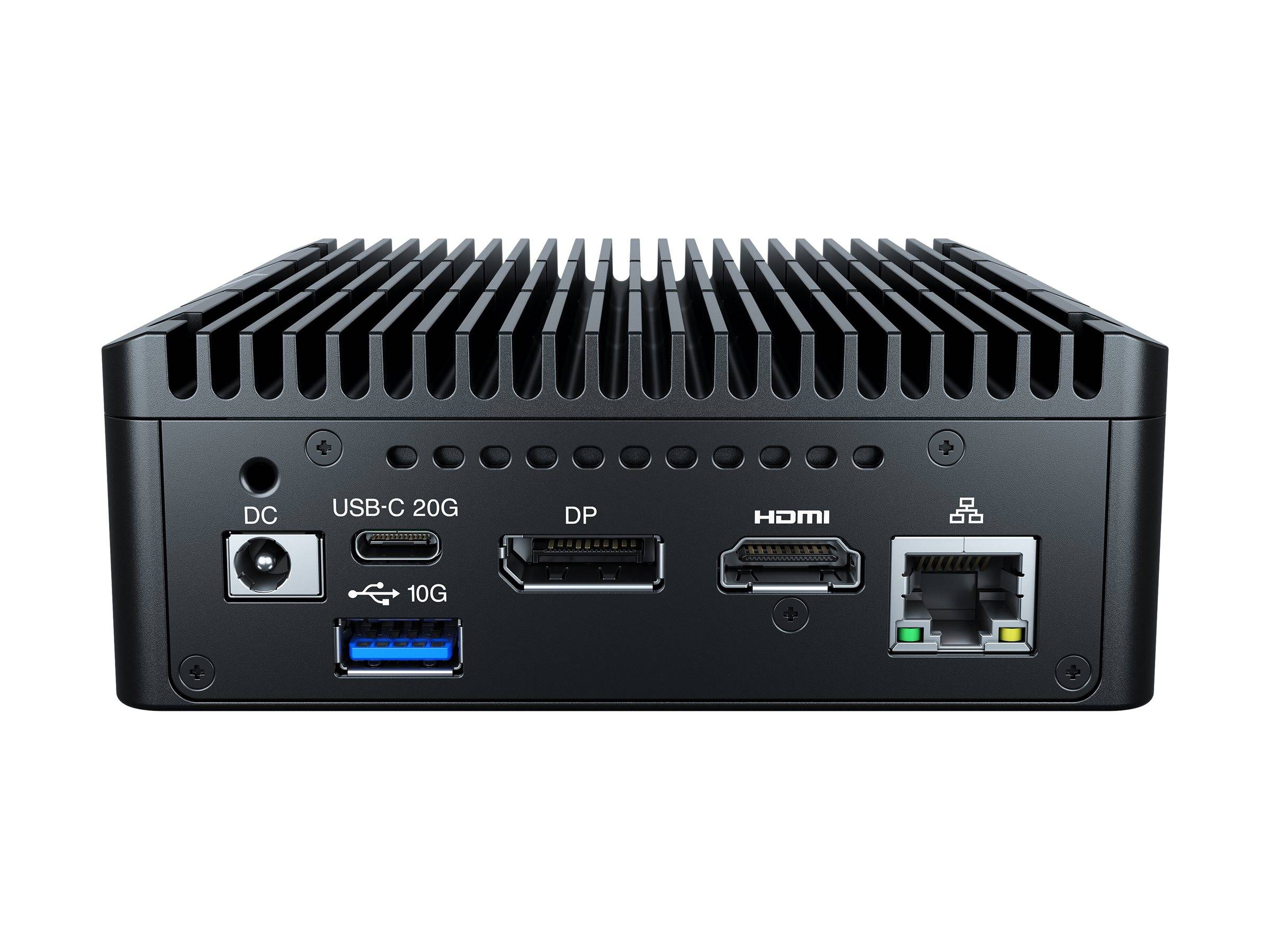 Rückansicht eines kleinen schwarzen Mini-PCs mit Power-, USB-C 20G-, USB-A 10G-, DisplayPort-, HDMI- und Ethernet-Anschlüssen sowie Kühlrippen auf der Oberseite.