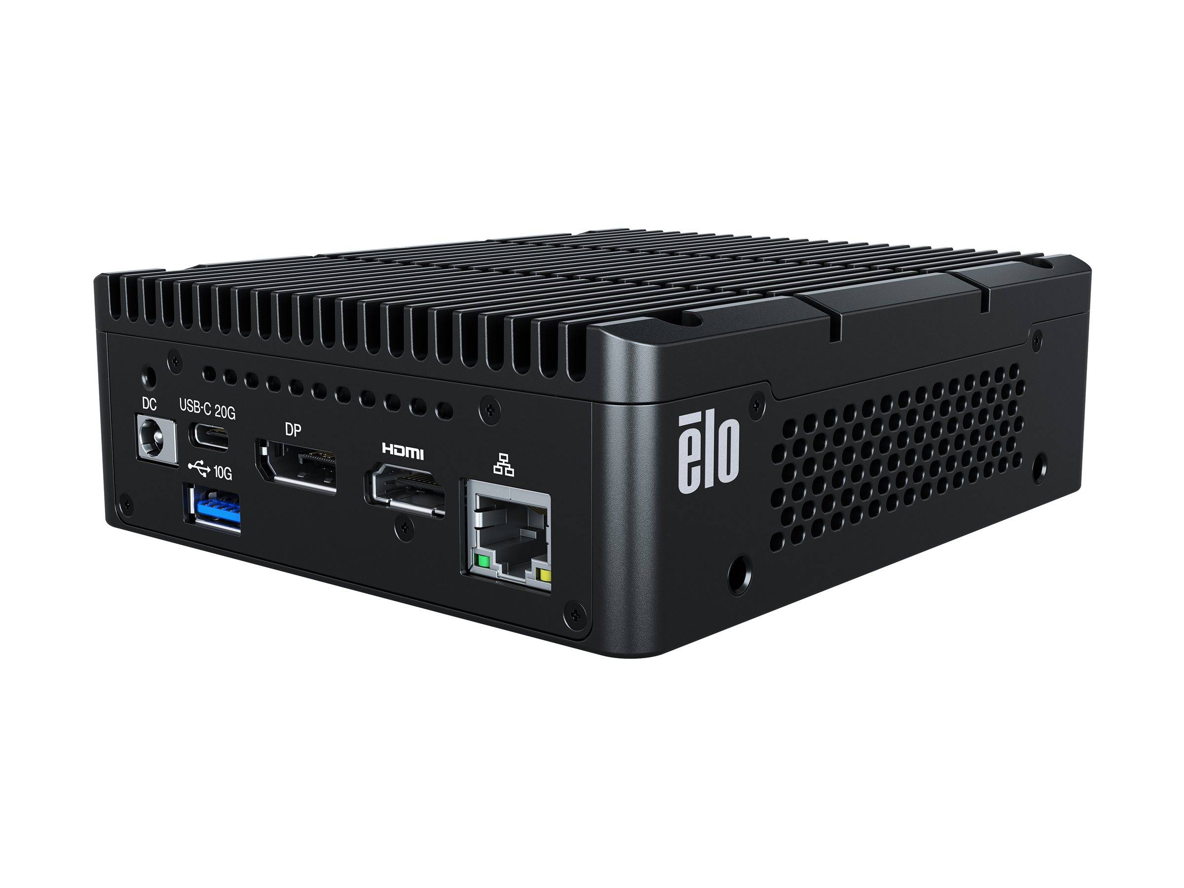 Mini-PC in Schwarz, gezeigt in einer Dreiviertelperspektive, mit vorderen Anschlüssen einschließlich USB-C, USB-A, DisplayPort, HDMI und Ethernet.