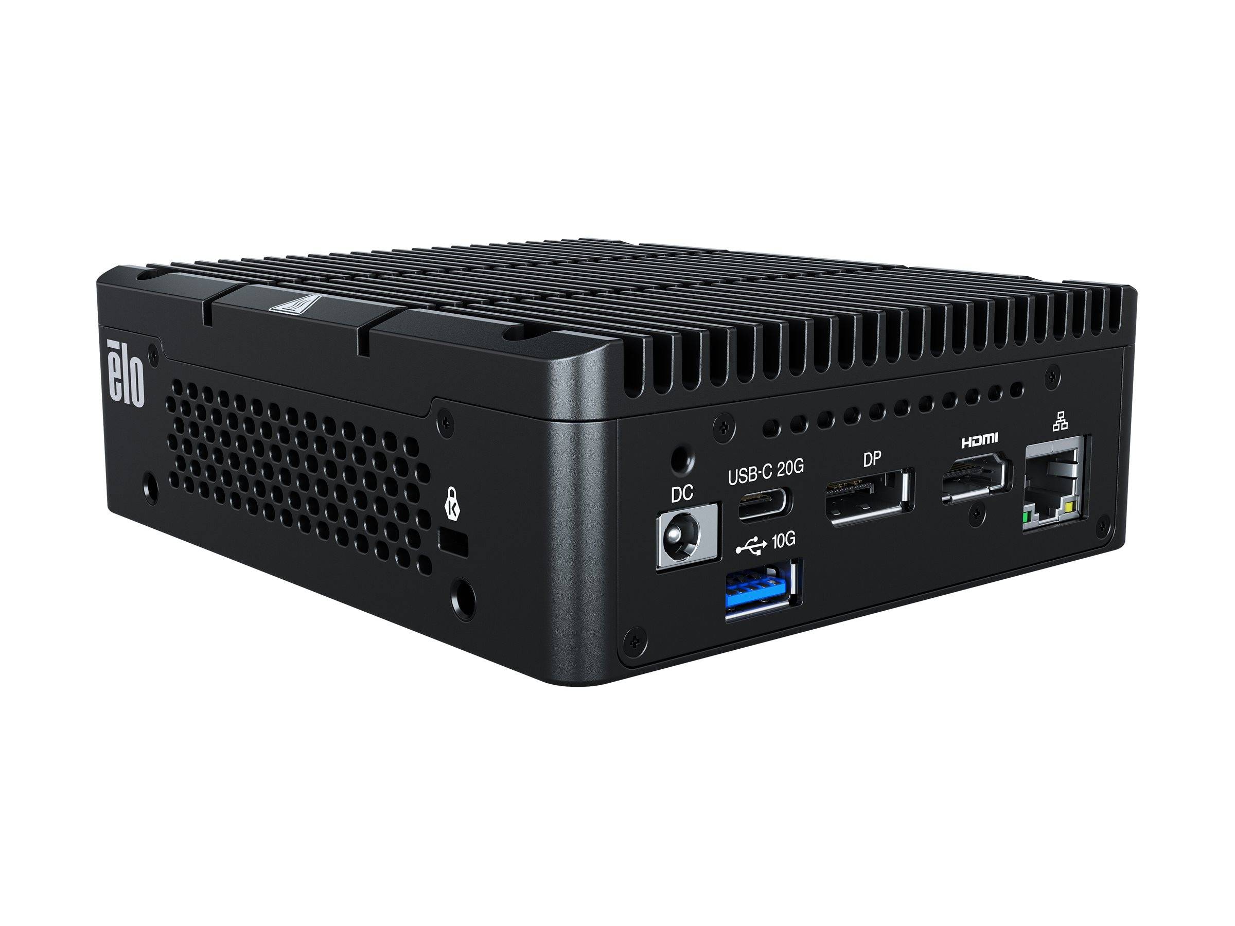 Black Elo Mini-PC in Dreiviertelsicht mit gekennzeichneten Lüftungsgittern und Front-Anschlüssen: DC, USB-C 20, DP, HDMI und RJ45-Ethernet.