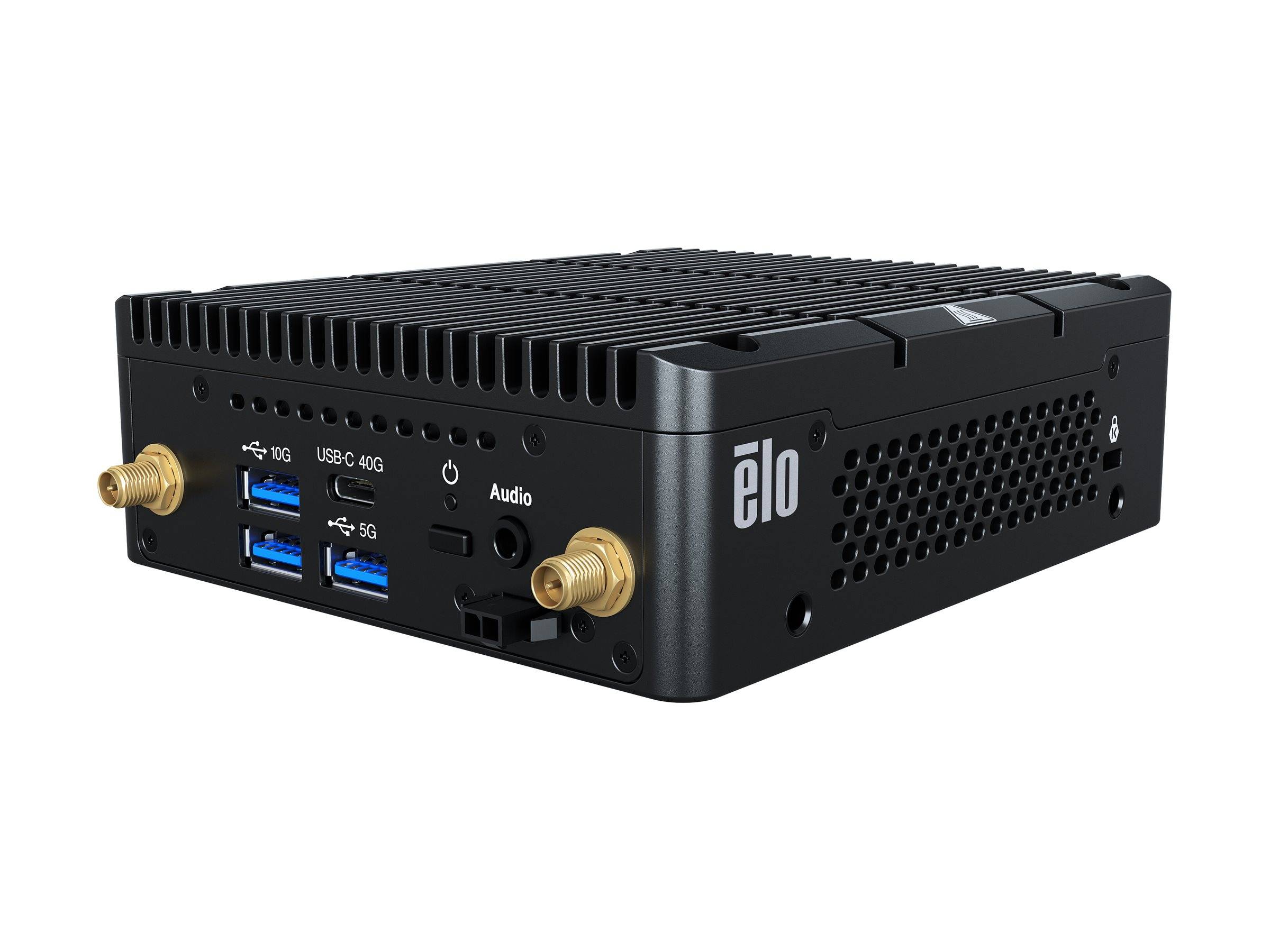 Black Elo Mini-PC mit belüftetem Gehäuse, zwei goldenen Antennen, USB-Anschlüssen, Audiobuchse und Ethernet-ähnlichen Verbindungen auf der Frontplatte.