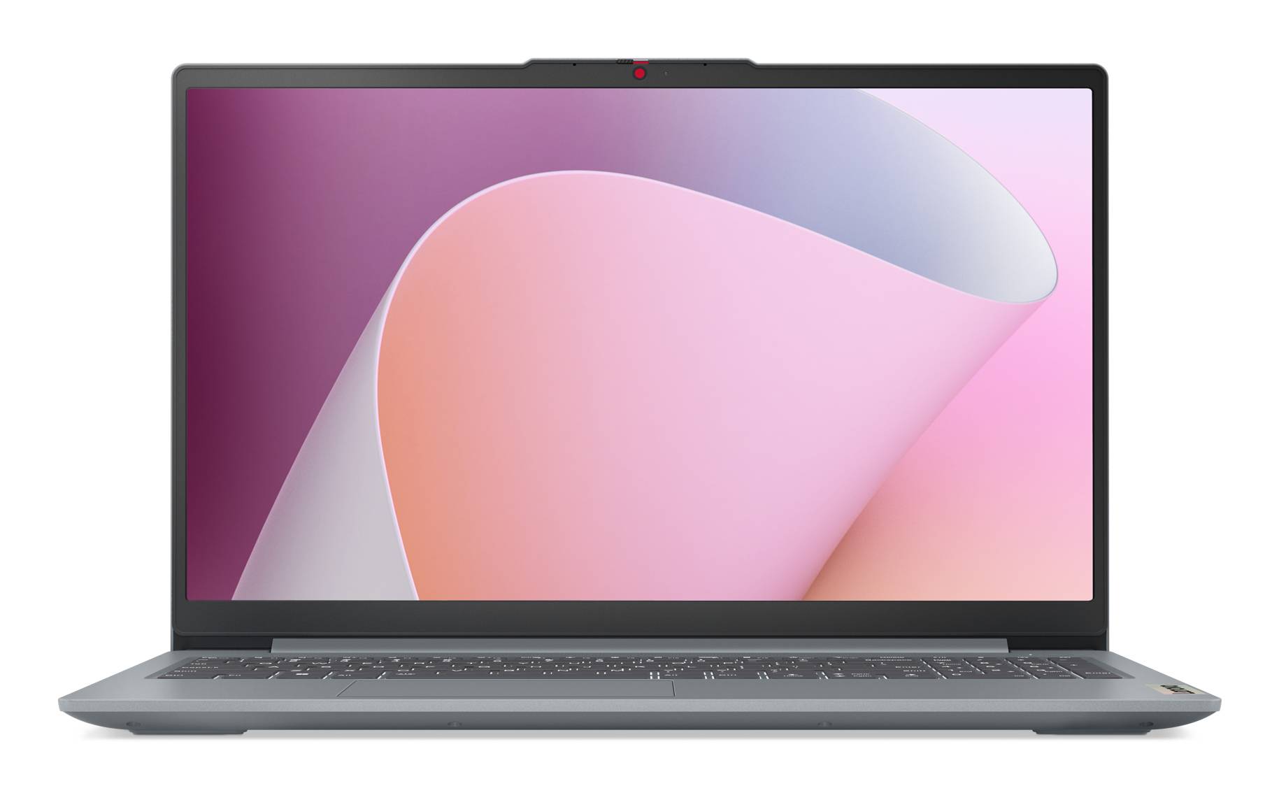 Ein silberner Laptop, der offen und nach vorne ausgerichtet ist und ein rosa und lila abstraktes Hintergrundbild auf dem Bildschirm zeigt.