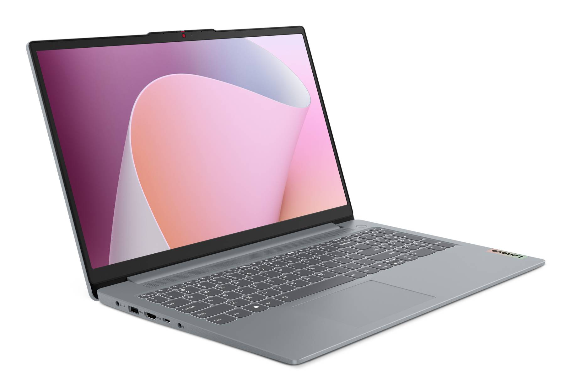 Silberner Laptop in einem Winkel geöffnet, zeigt eine rosa abstrakte Tapete auf dem Bildschirm.