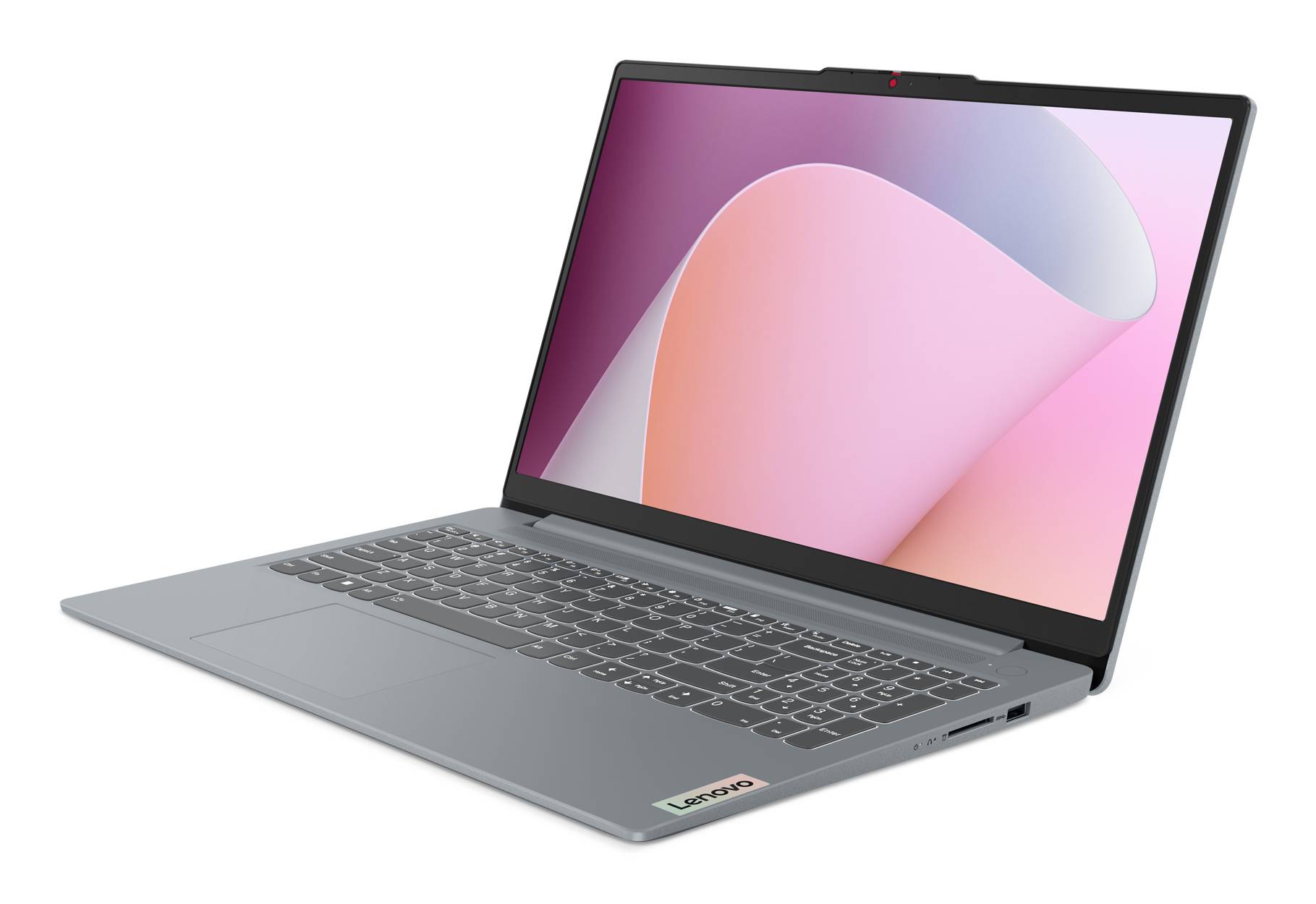 Offener silberner Lenovo-Laptop mit rosa und violettem abstraktem Hintergrundbild auf dem Bildschirm, in einem Winkel auf weißem Hintergrund angezeigt.