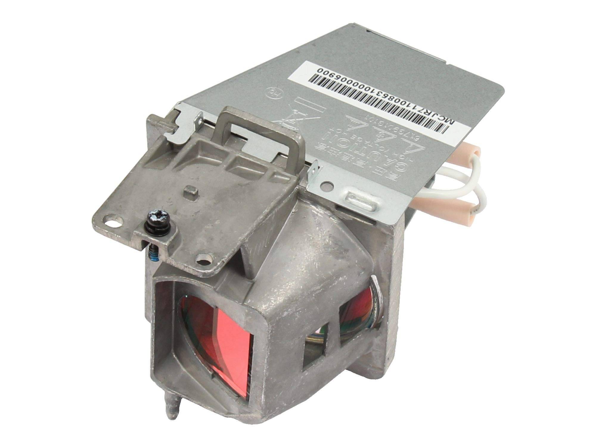 Ein Projektorlampenmodul mit Metallgehäuse, elektrischen Anschlüssen und einer sichtbaren Glühbirneneinheit.