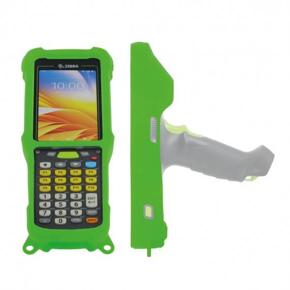 Grüner robuster Zebra-Handscanner/Terminal in einer Schutzvorrichtung, gezeigt von vorne und von der Seite mit Tastatur und Abzugsgriff.