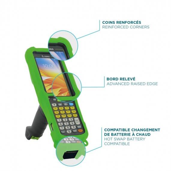 Robuste grüne Handyhülle für ein tragbares Gerät mit verstärkten Ecken, erhöhtem Rand und Kompatibilität mit Hot-Swap-Batterie.