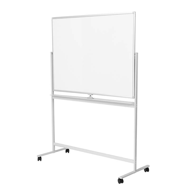 Tragbares Whiteboard auf einem fahrbaren Metallständer mit großer leerer Schreibfläche und unteres Tablettregal.