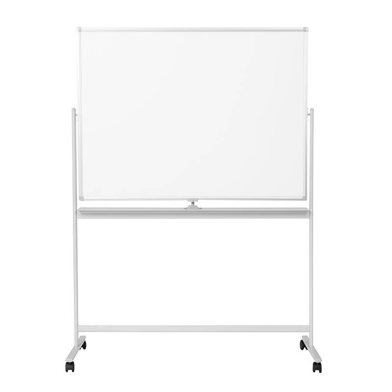 Mobiles Whiteboard auf Rollen mit großer Schreibfläche und unterer Ablage, vor weißem Hintergrund dargestellt.