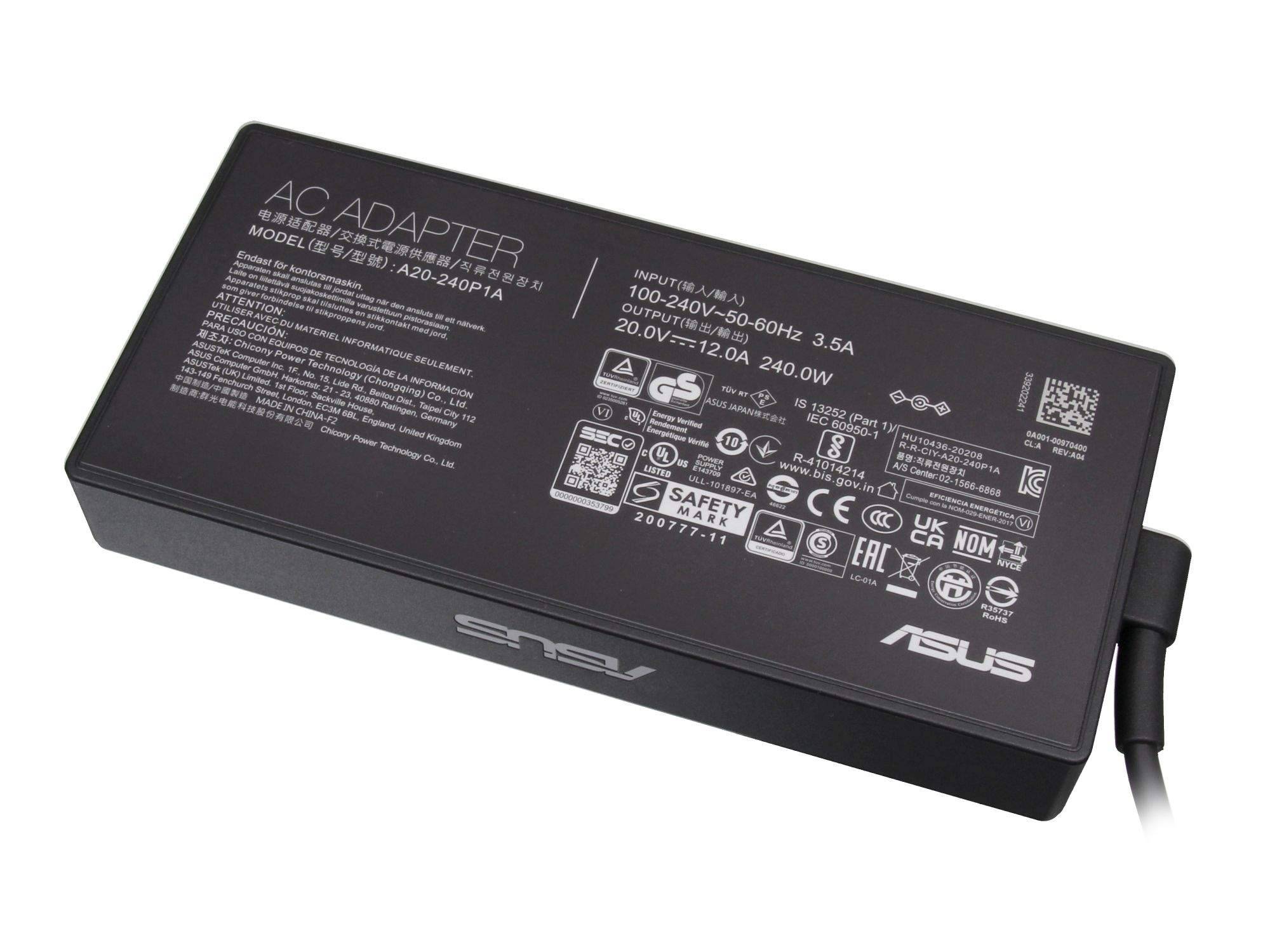 ASUS-Stromadapter-Netzteil mit angeschlossenem Kabel, auf dem oben die gedruckte Spannung und das Sicherheitsetikett zu sehen sind.