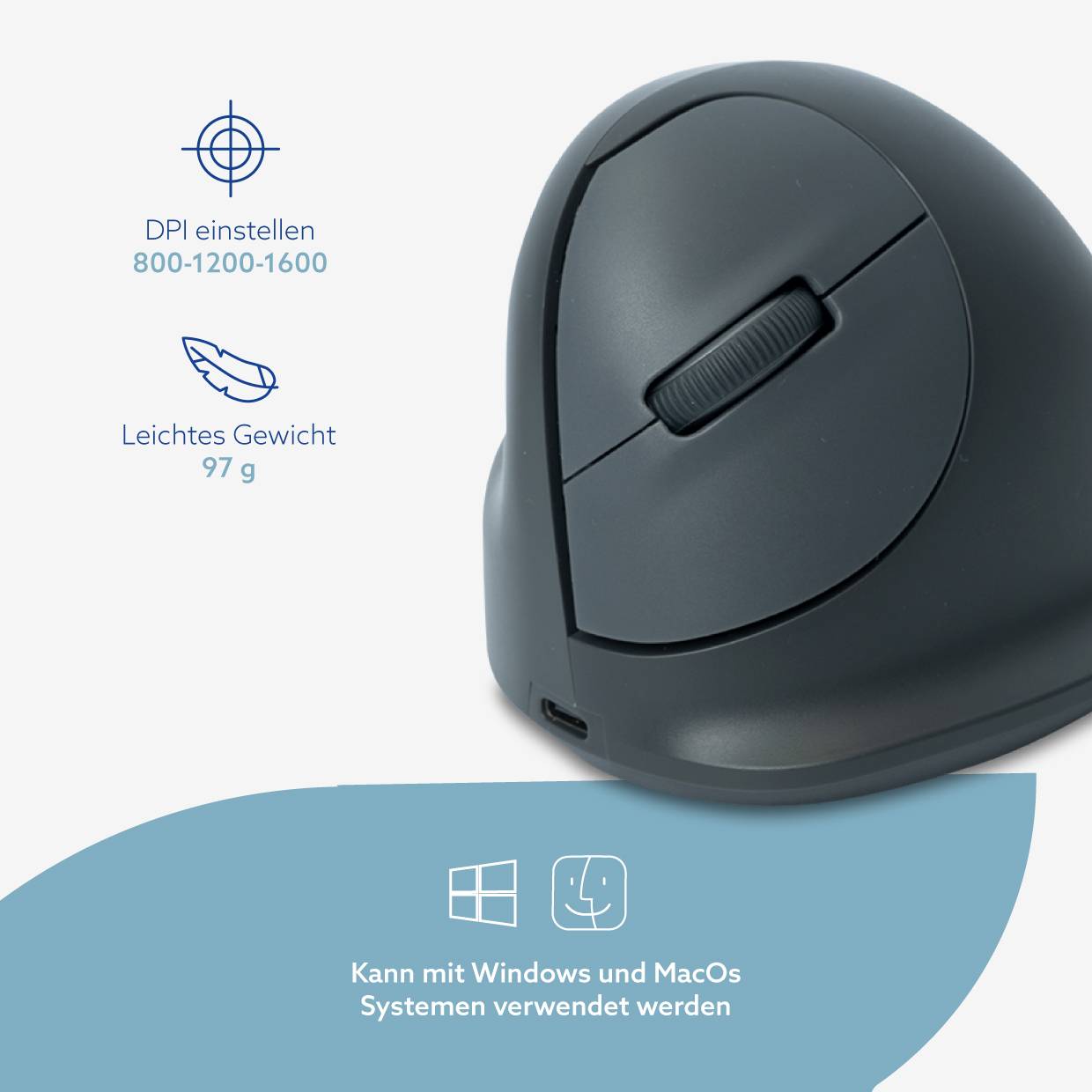 Dunkelgraue ergonomische Maus mit verstellbarem DPI 800-1200-1600, wiegt 97 g, kompatibel mit Windows und MacOS.