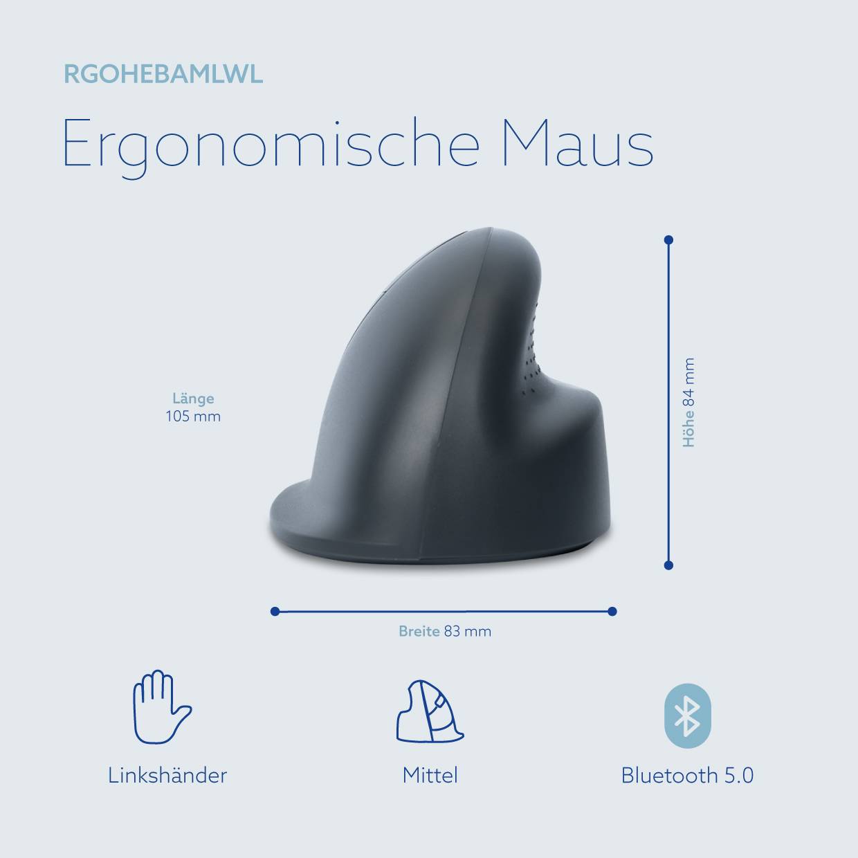 Produktbild einer ergonomischen Maus mit der Bezeichnung „Ergonomische Maus", dargestellt in Schwarz mit den Abmessungen 105 mm lang, 83 mm breit, 84 mm hoch; linkshändig, Mittelgröße, Bluetooth 5.0.
