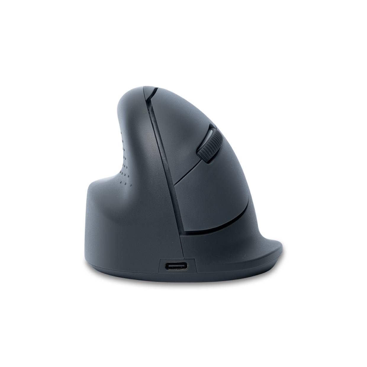 Seitenansicht einer schwarzen ergonomischen vertikalen Computermaus auf weißem Hintergrund.
