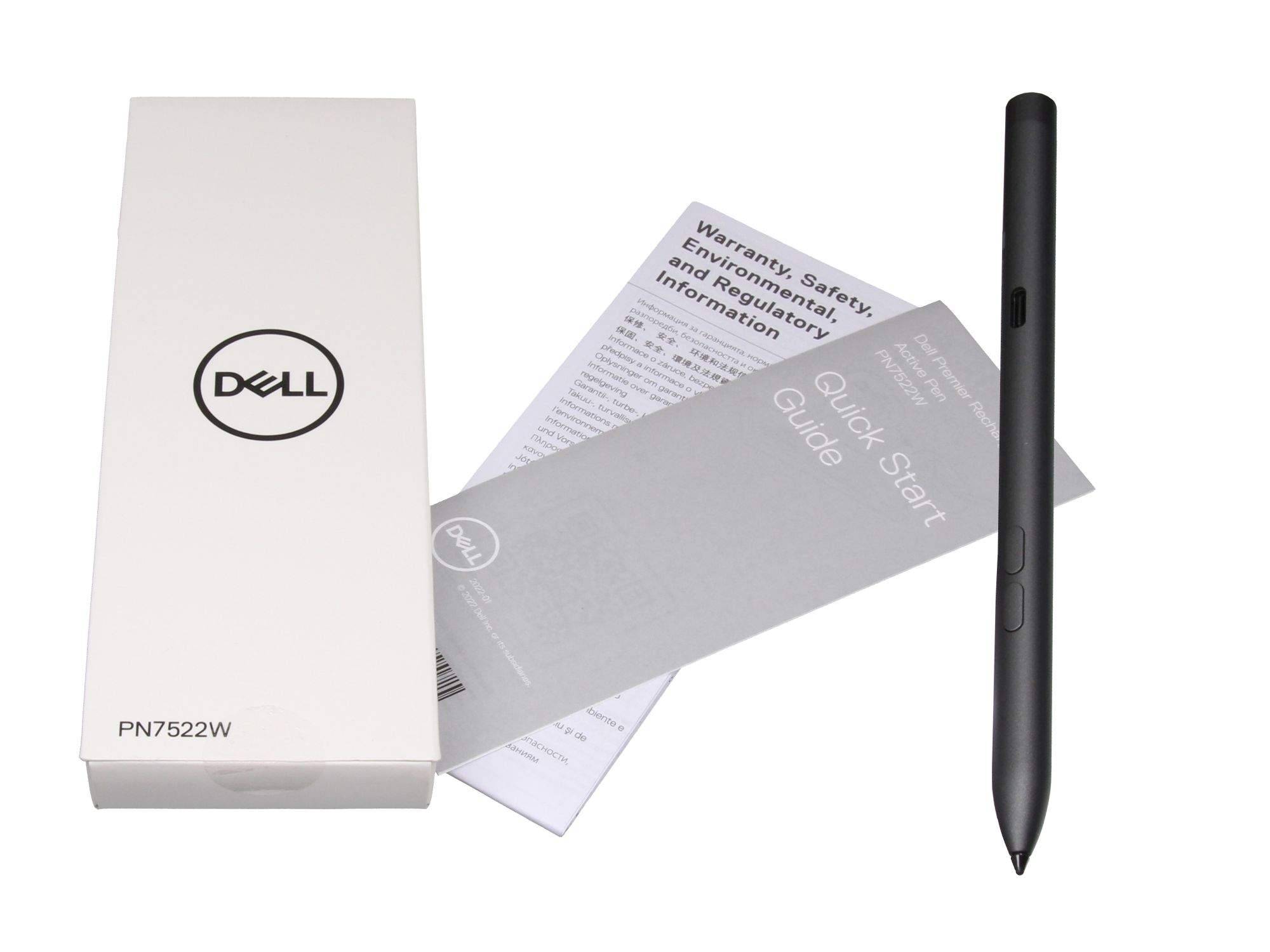 Dell PN7522W Stylus neben seiner Schachteln und Quick-Start-/Garantiedokumenten auf weißem Hintergrund.
