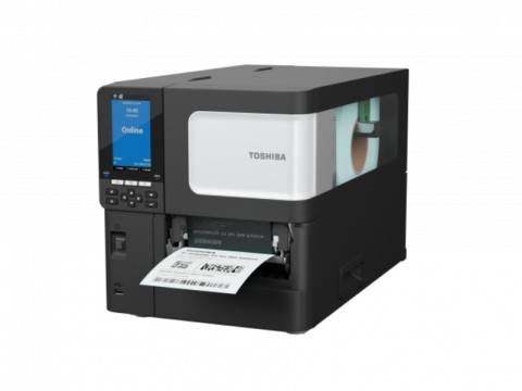 Schwarzer industrieller Toshiba-Etikettendrucker mit Touchscreen-Display, das 