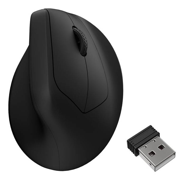 Schwarze kabellose Computermaus mit USB-Empfänger-Dongle daneben auf weißem Hintergrund gezeigt.
