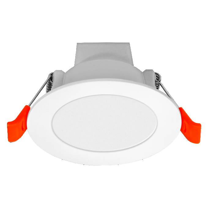 Runde, bündige LED-Einbauleuchte mit weißem Rahmen und orangefarbenen Federklammern zur Deckenmontage.