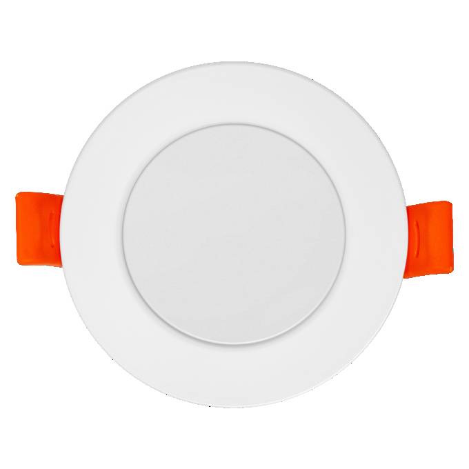 Rundes weißes bündiges Deckeneinbaulicht mit orangefarbenen Federklemmen auf beiden Seiten.
