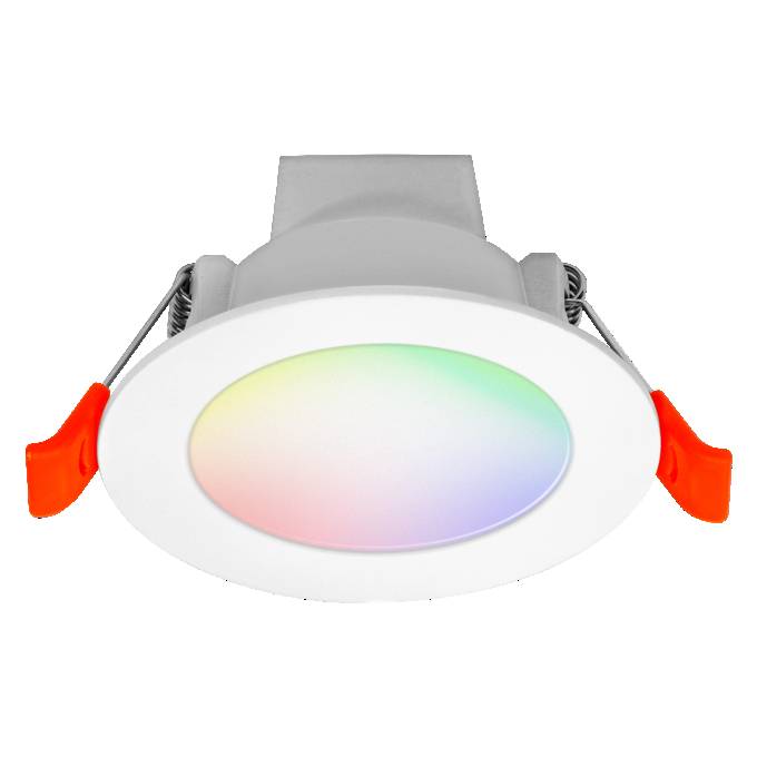 Runde, eingebaute LED-Deckenleuchte mit weißem Blendrahmen und regenbogenfarbig getöntem Linsenoberteil, dargestellt mit orangefarbenen Federklammern zur Installation.