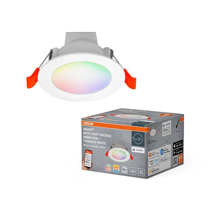 OSRAM intelligente eingelassene LED-Einbauleuchte mit regenbogenfarbig getöntem Diffusor und Produktbox mit der Aufschrift „SMART+ SPOTLIGHT RECESS 86MM RGB TUNABLE WHITE".
