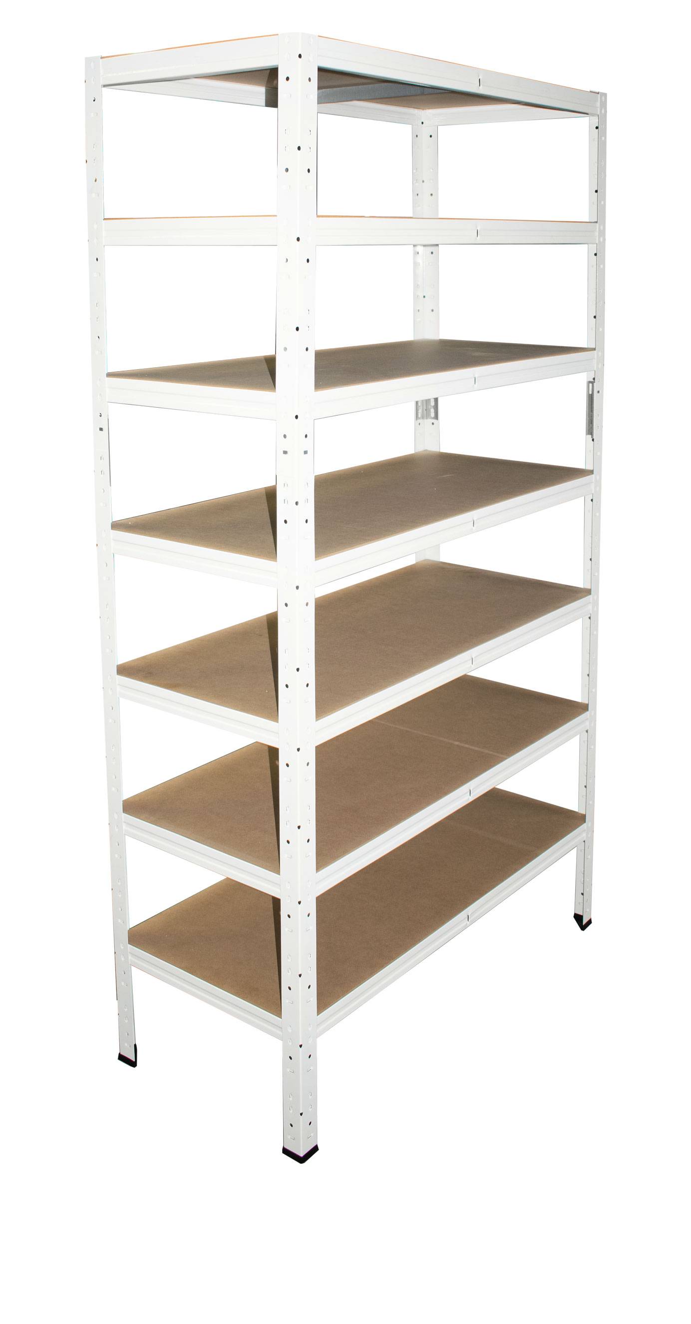 Weiße Metalllagerschrank-Einheit mit sechs verstellbaren braunen Regalen, dargestellt auf weißem Hintergrund.