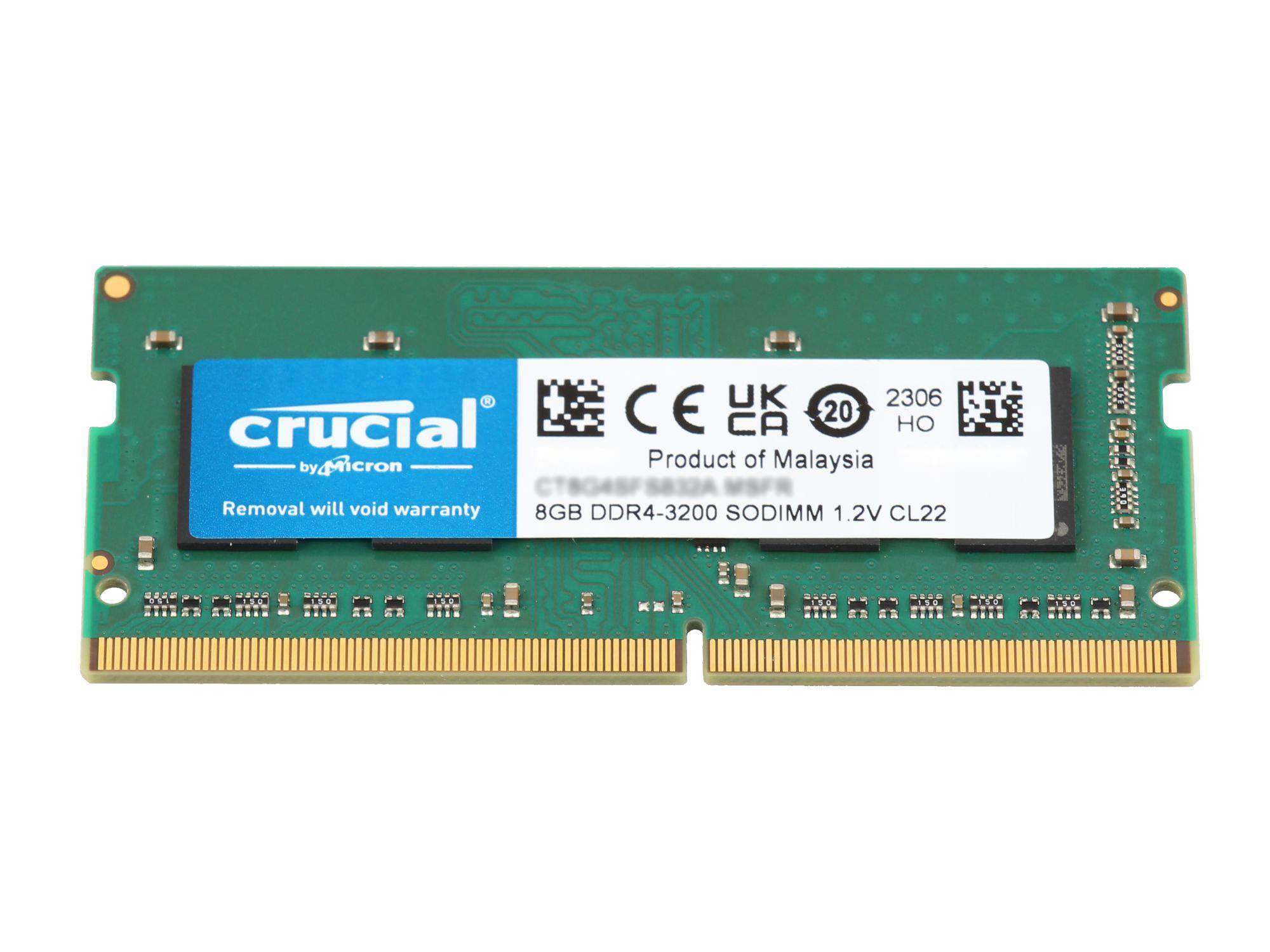 Crucial 8GB DDR4-3200 SO-DIMM Laptop-RAM-Modul auf weißem Hintergrund abgebildet.