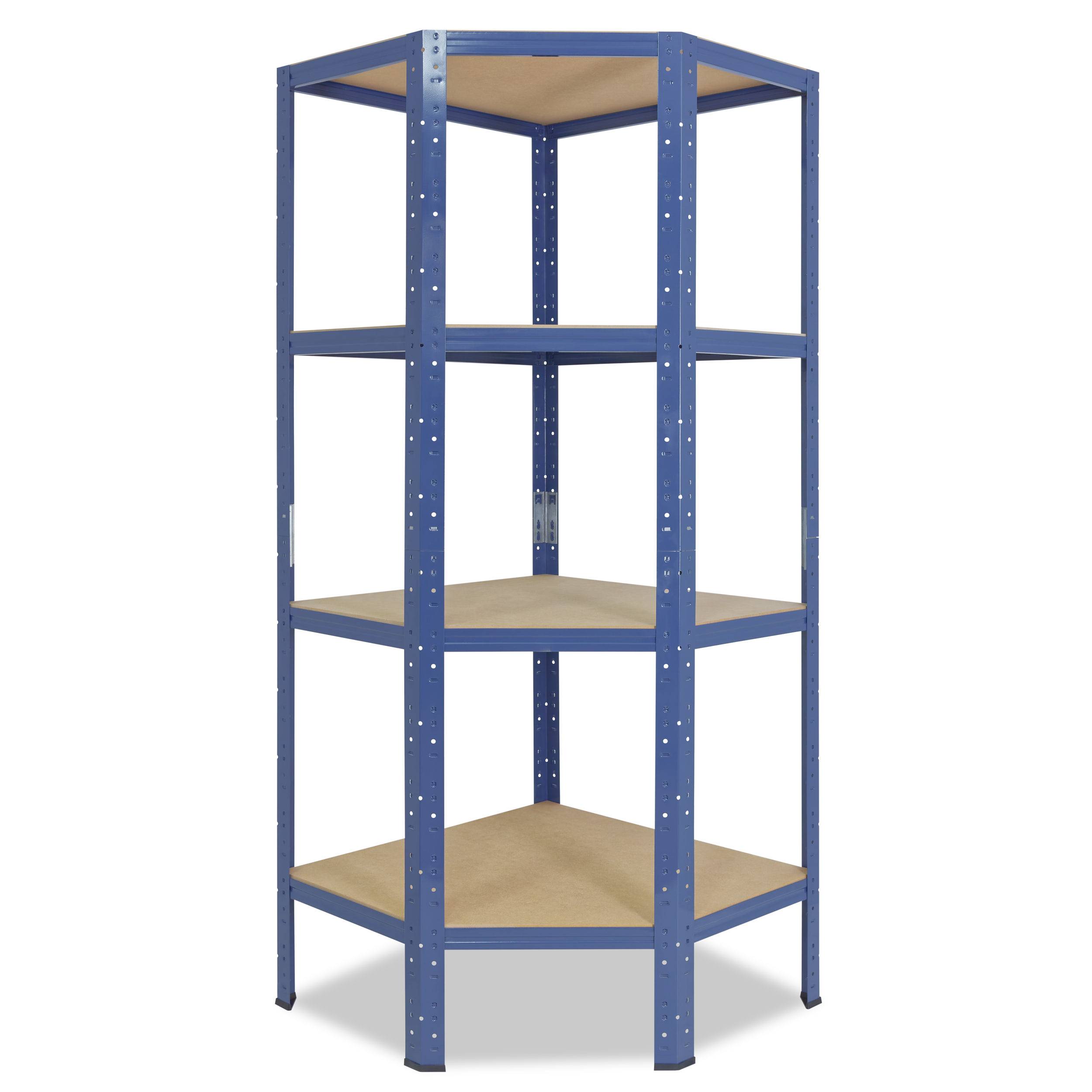Blaues Metalleck-Regalsystem mit drei Holzregalen auf weißem Hintergrund.