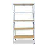 Weiße Metallregaleinheit mit fünf Holzregalen und offenem Rahmen, in der Vorderansicht auf einfachem Hintergrund dargestellt.