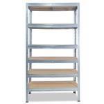 Eine hohe Metallregaleeinheit mit sechs offenen Regalen, drei beige und drei silbern, in Frontansicht auf weißem Hintergrund dargestellt.