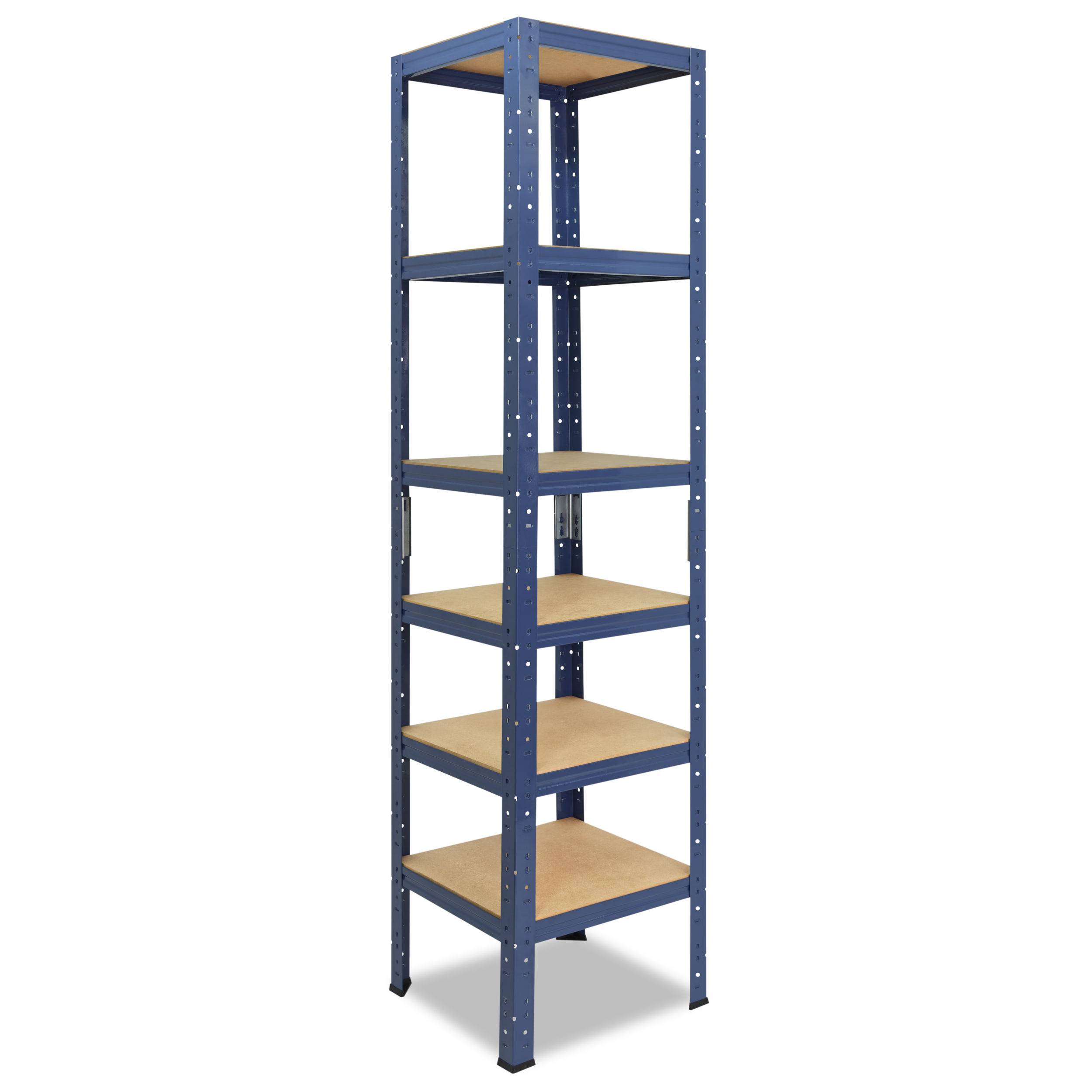 Hohes blaues Metalllagerschrankregal mit sechs Holzregalen, dargestellt vor weißem Hintergrund.