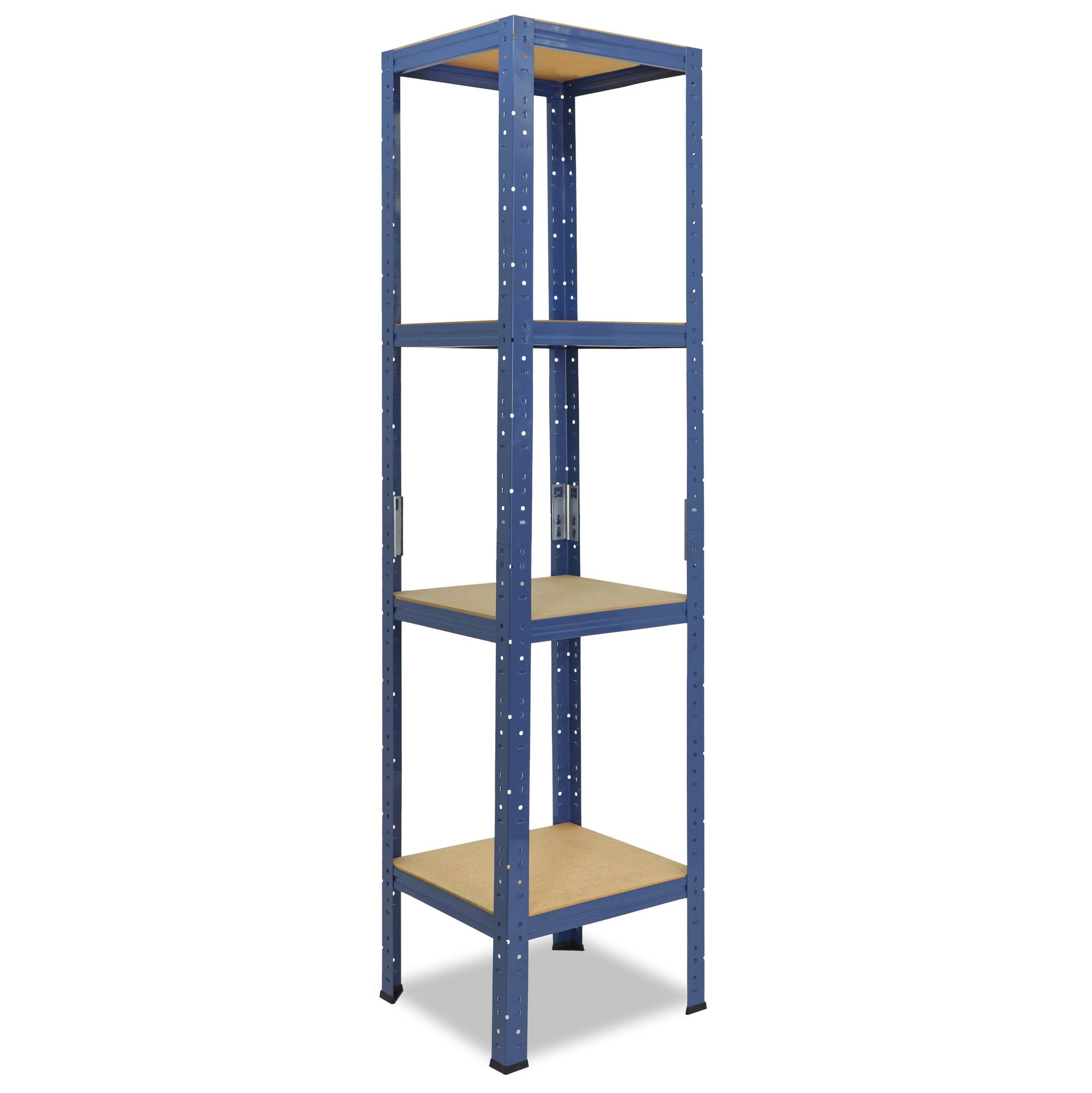 Blaues Metallregal mit vier leeren Holzregalen auf weißem Hintergrund.