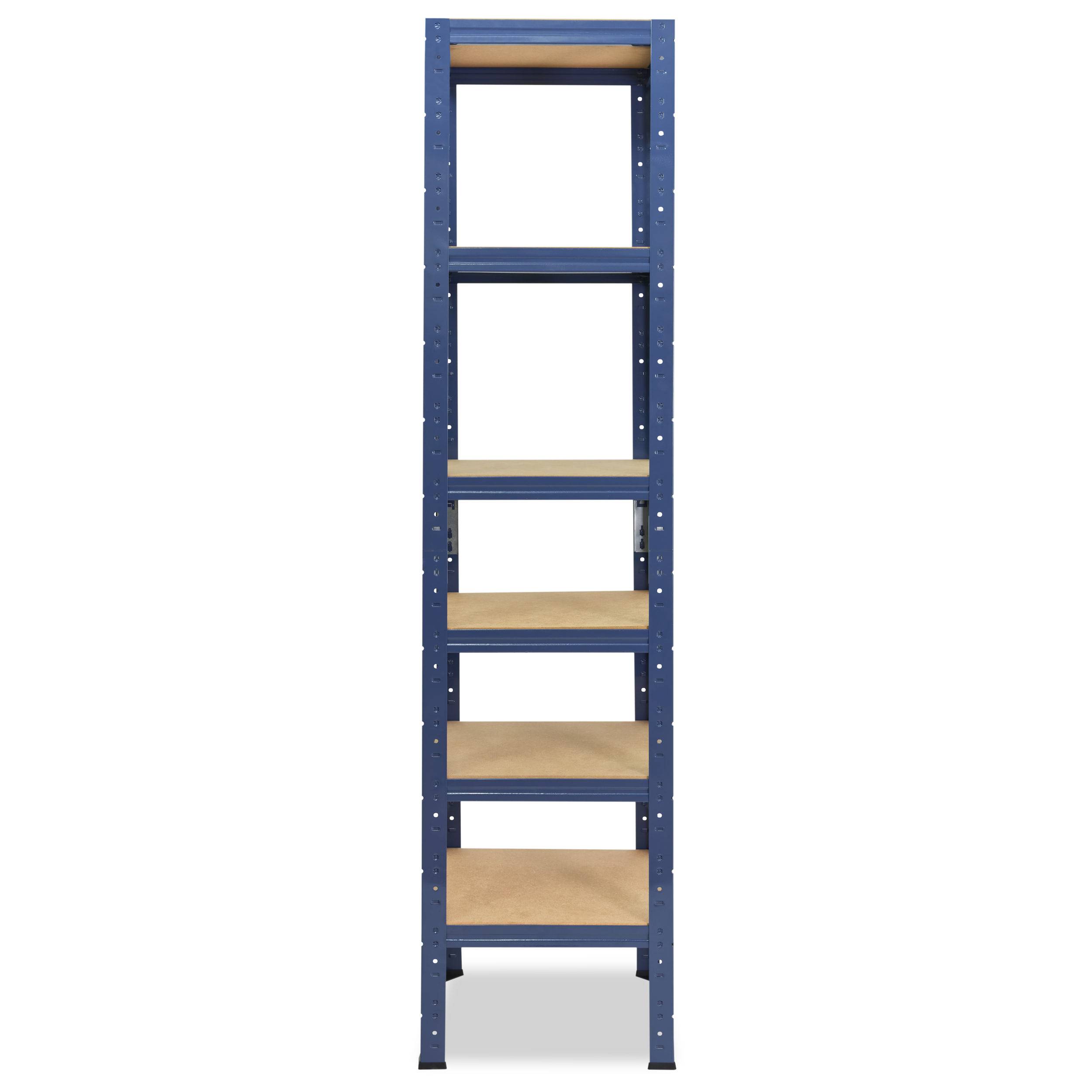 Blaues Metall-Lagersystem mit sechs Holzregalen, auf weißem Hintergrund dargestellt.