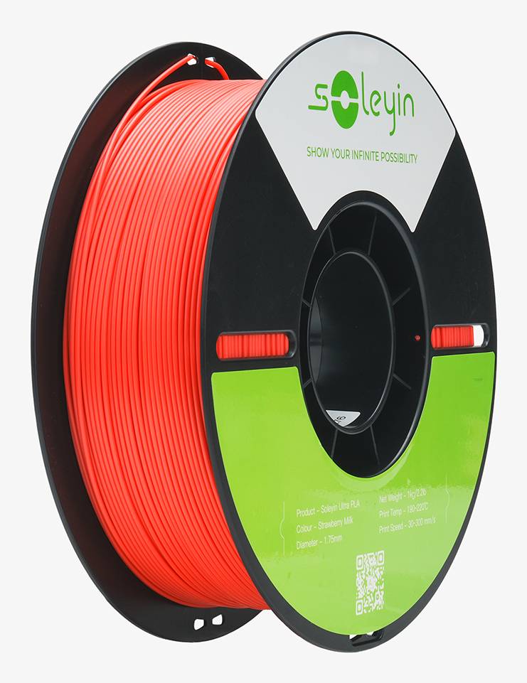 Spule mit leuchtend rotem 3D-Drucker-Filament auf einer schwarz-grünen Spule mit der Aufschrift 