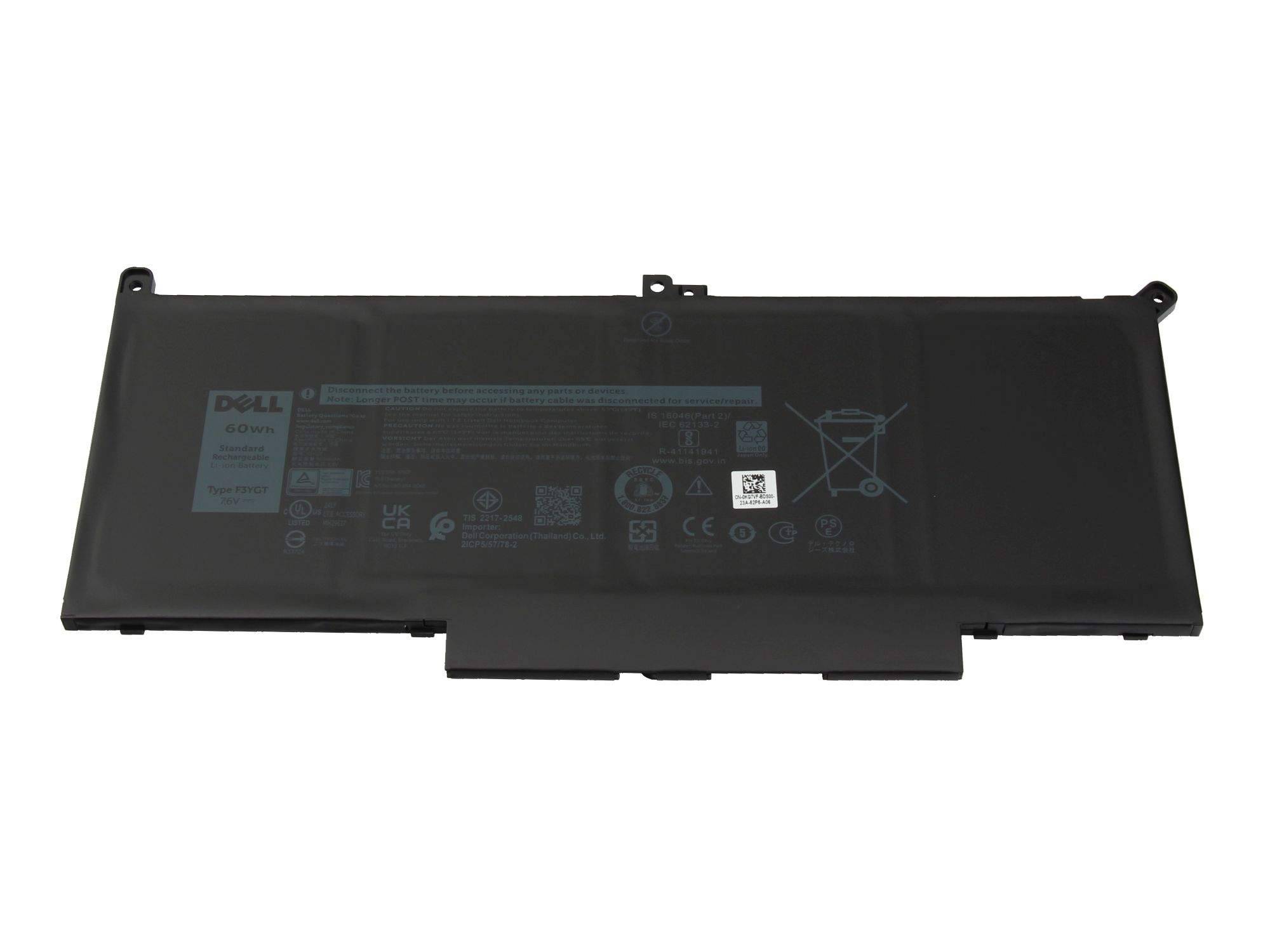 Schwarze Dell-Laptop-Batterie mit Anschlussfahnen, auf weißem Hintergrund dargestellt.