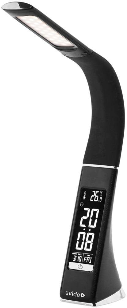 Schwarze LED-Schreibtischlampe mit gebogenem Hals und digitaler Anzeige mit den Zahlen 26.0, 20 und 08 sowie 