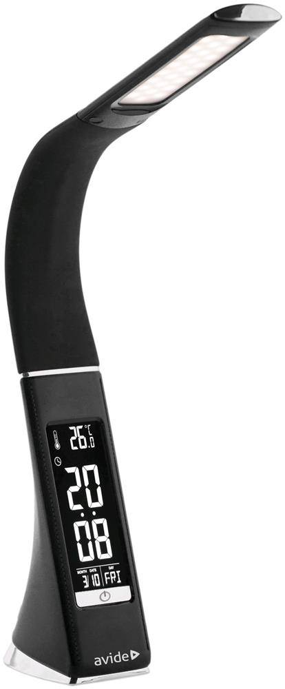 Eine schwarze LED-Schreibtischleuchte mit geschwungenem Hals und digitaler Kontrollanzeige, die 26.0, 20 und 08 mit Tag und Datum anzeigt.