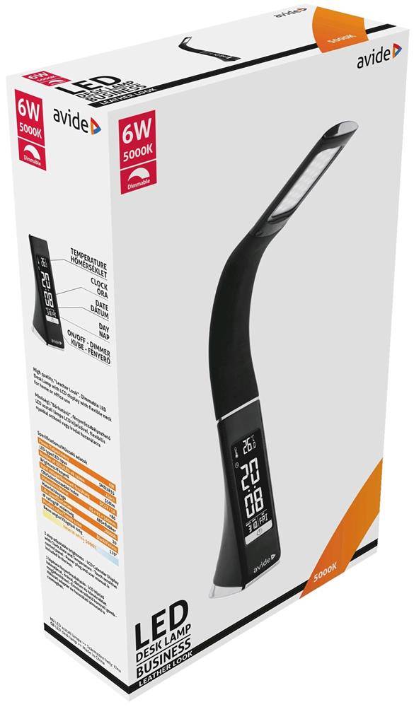Verpackung einer Avide 6W 5000K LED-Schreibtischleuchte, auf der eine elegante schwarze Leuchte mit digitalem Display auf der Verpackung abgebildet ist.