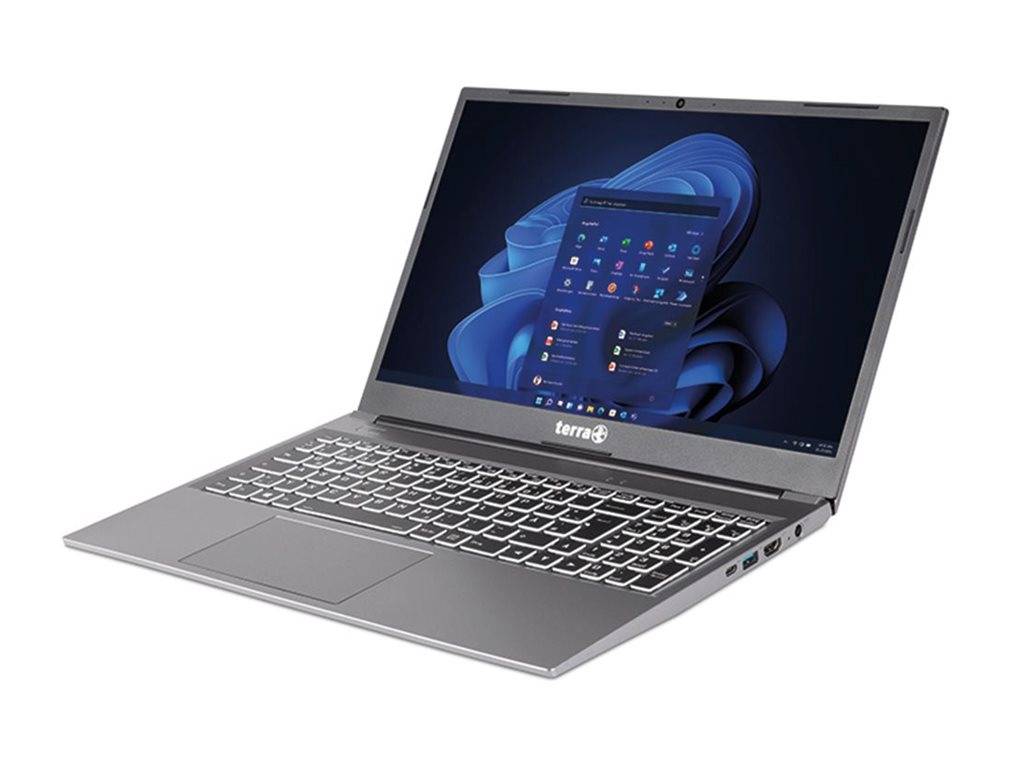 Silver Terra Laptop, in einem Winkel geöffnet dargestellt, mit dem Windows 11-Desktop auf dem Bildschirm.