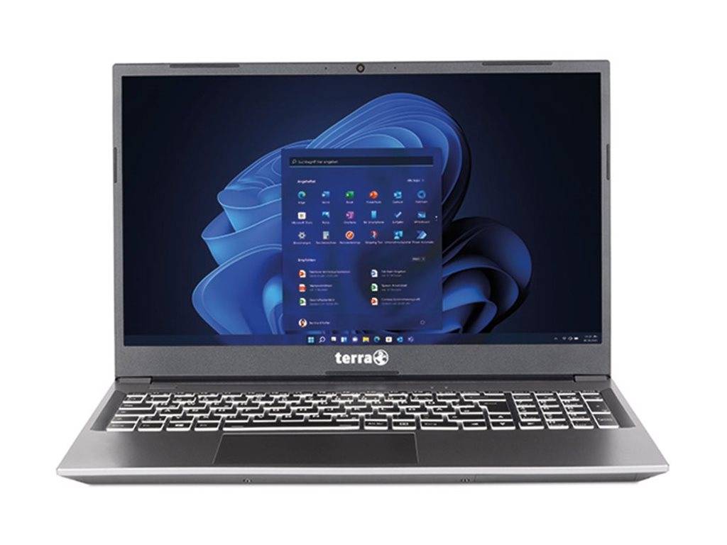 Silver Terra Laptop offen mit Windows 11 Desktop und Startmenü auf dem Bildschirm angezeigt.