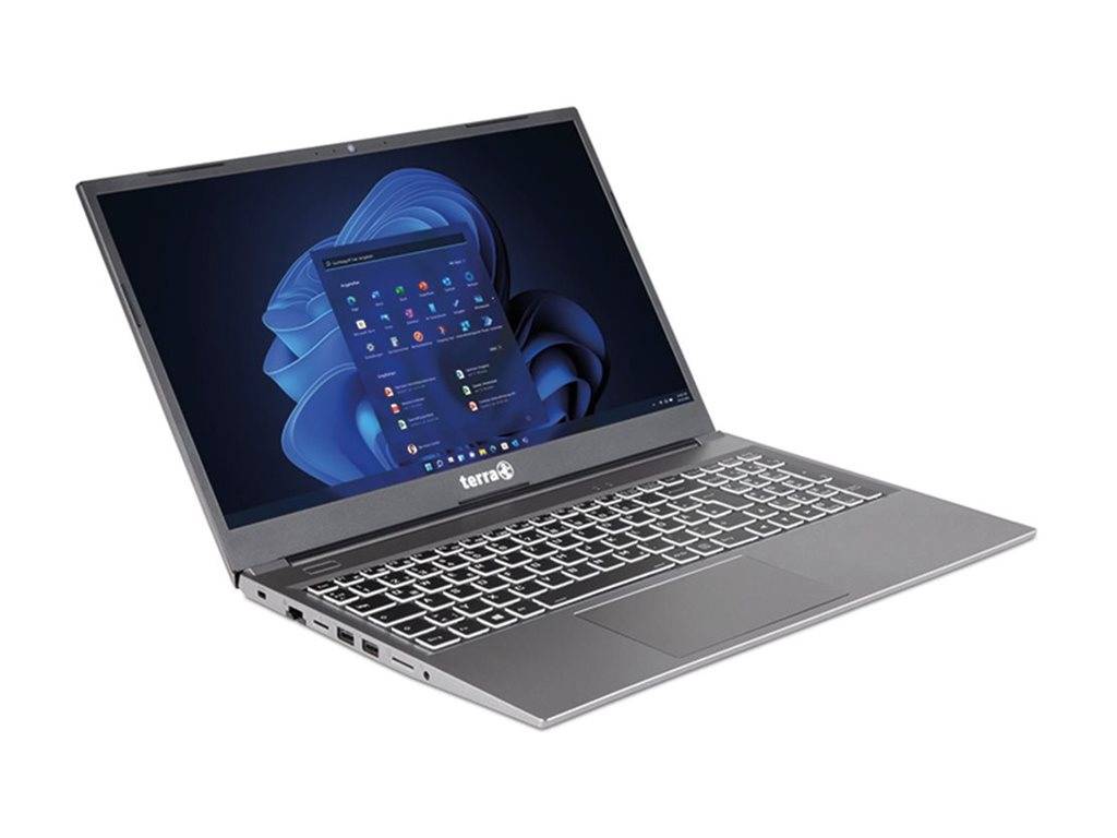 Silberner Terra-Laptop, offen auf einem Windows-11-Desktop, schräg auf weißem Hintergrund abgebildet.