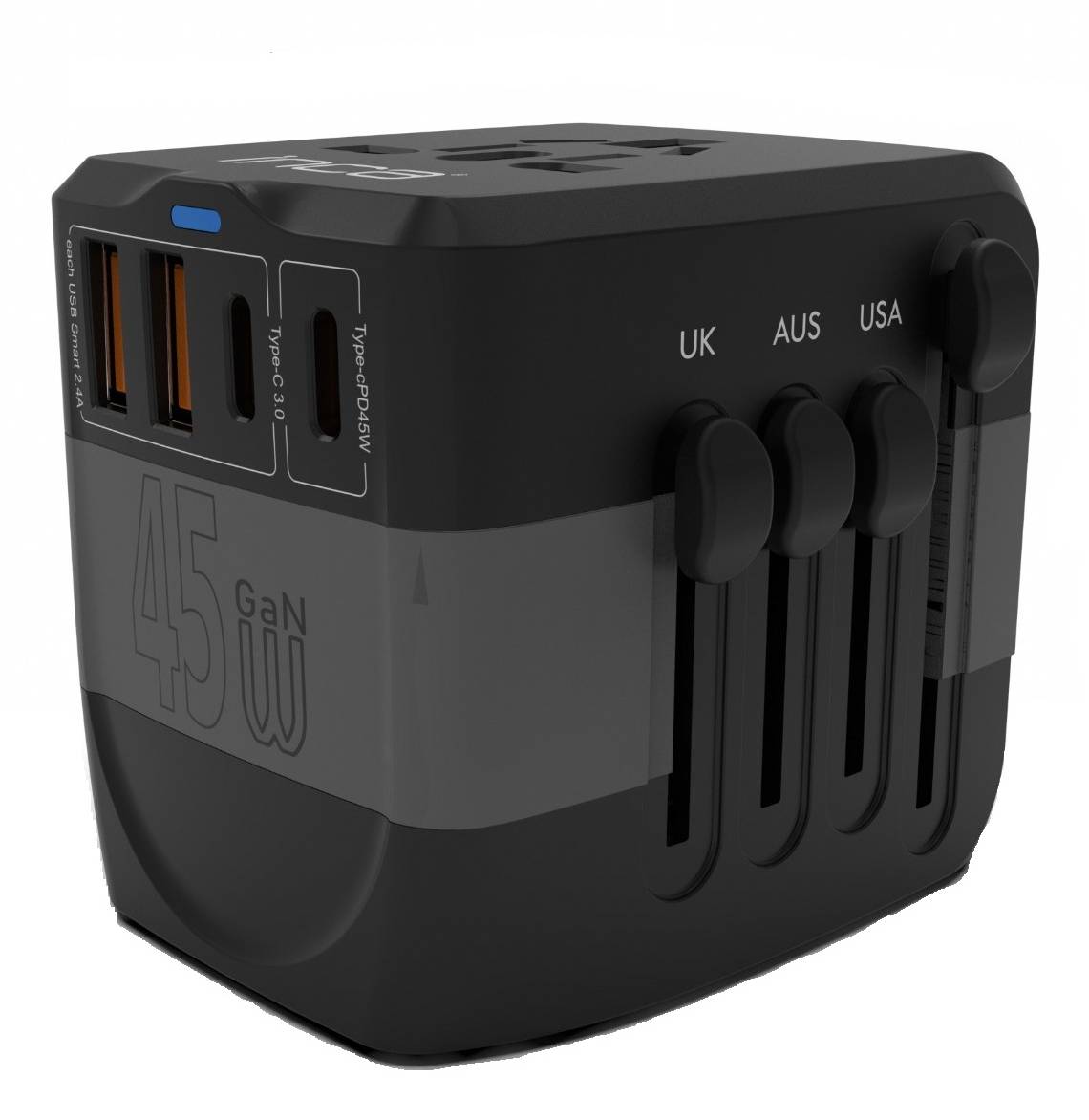 Schwarzer 45W GaN Universal-Reiseadapter mit mehreren USB-Anschlüssen und verschiebbaren Steckdosenwählern mit den Bezeichnungen UK, AUS und USA.
