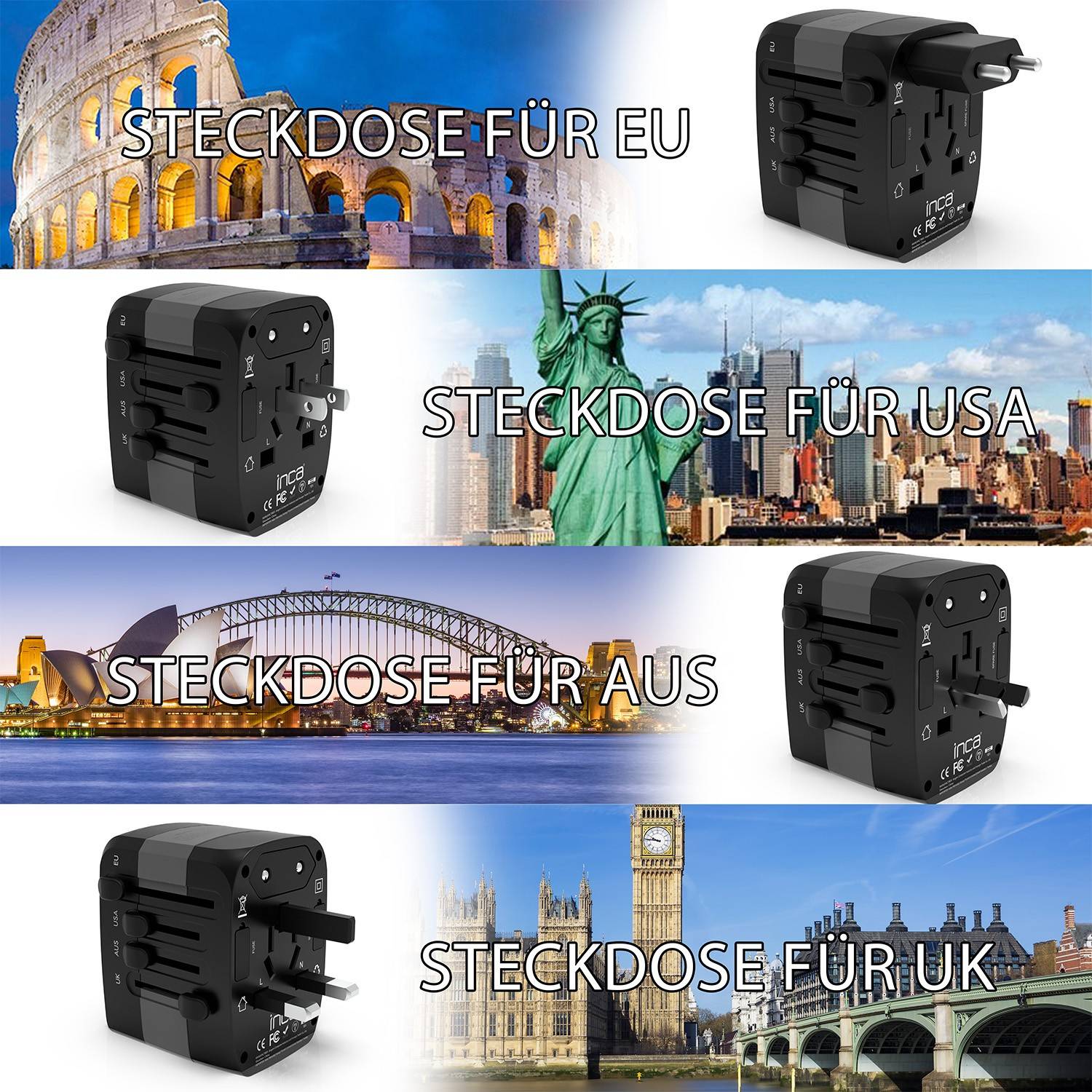 Vier Reisestecker-Adapter mit den Beschriftungen „Steckdose für EU", „Steckdose für USA"", „Steckdose für AUS"" und „Steckdose für UK"" über entsprechenden Wahrzeichen-Hintergründen.