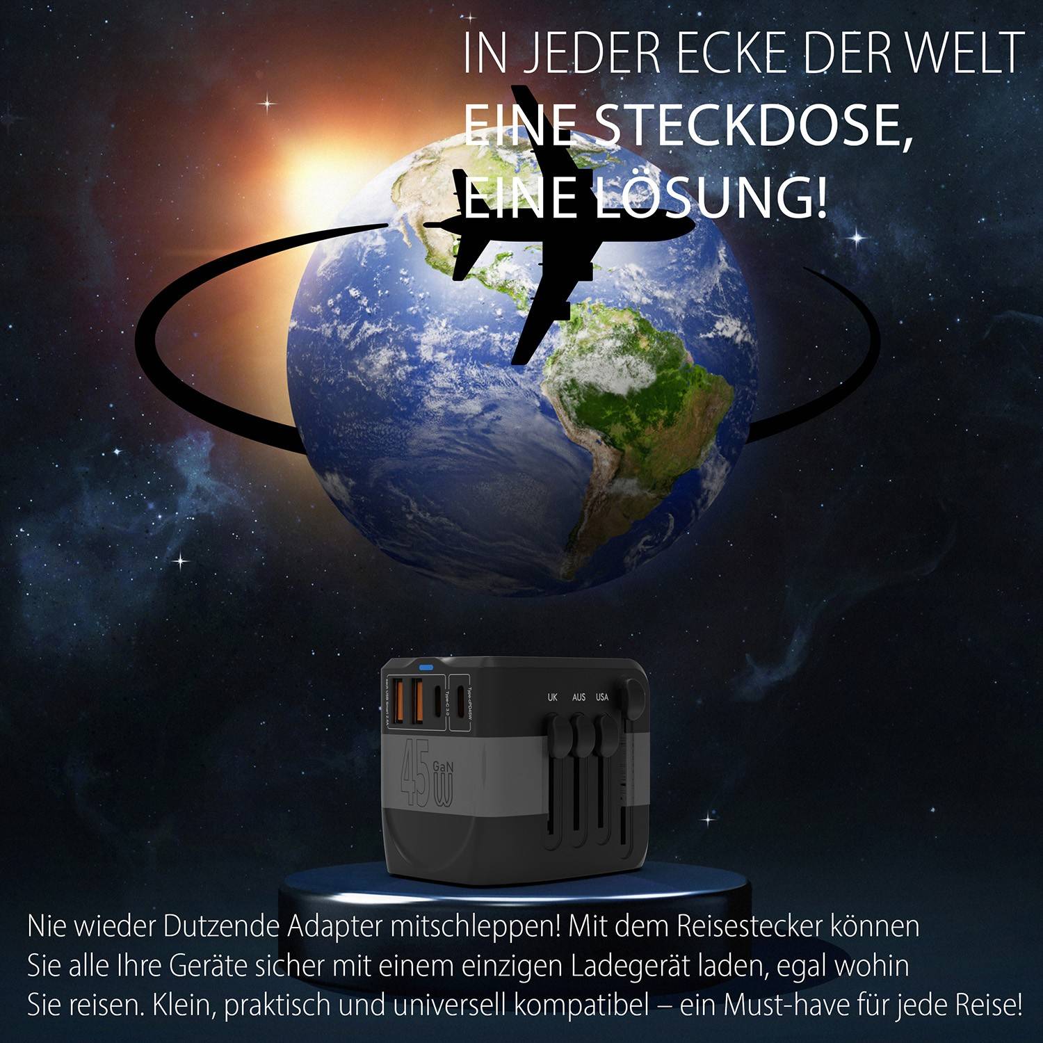 Travel adapter in front of a space-Earth graphic with text 'In every corner of the world an outlet, one solution!' and a note about safe charging of devices while traveling.