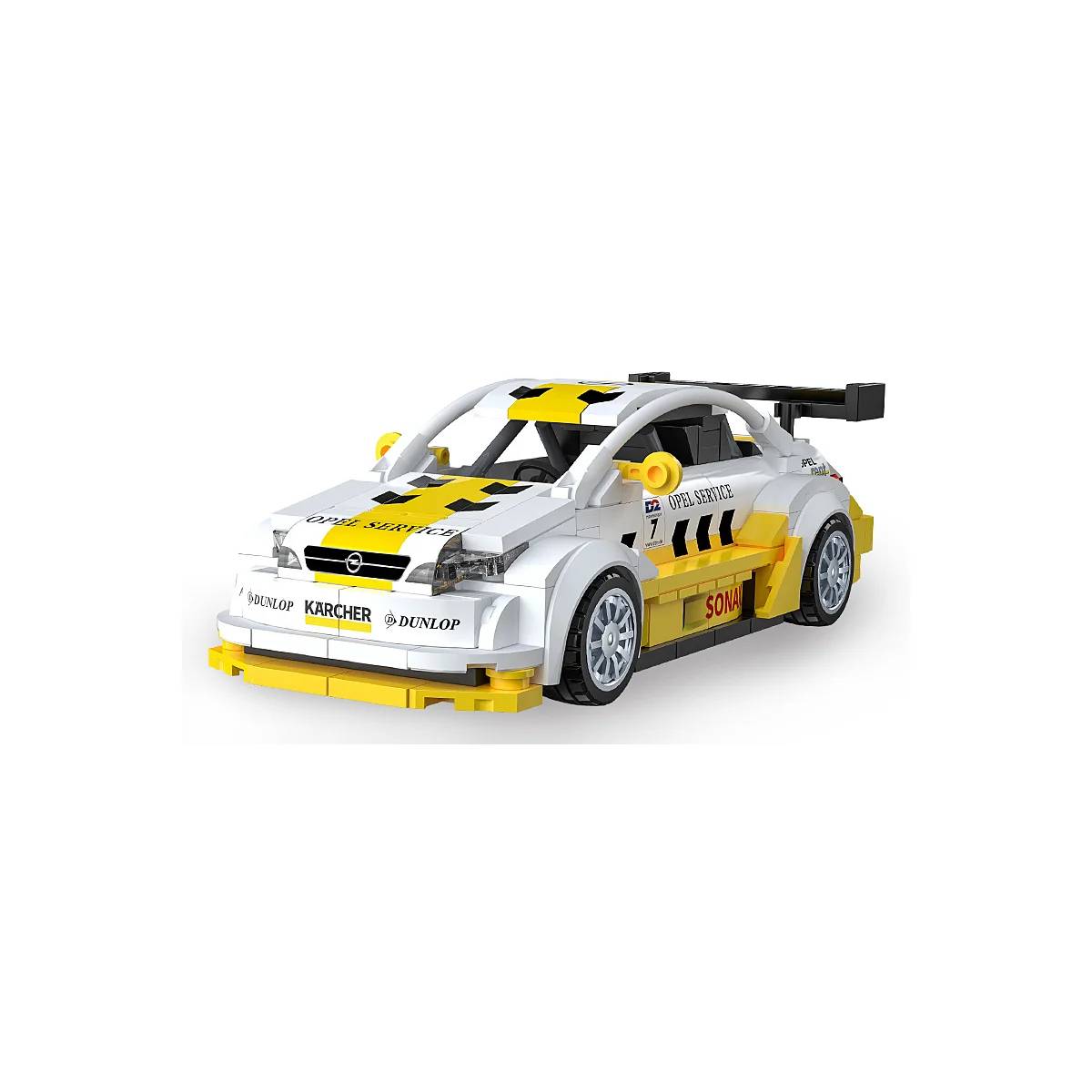 Weißes und gelbes Rennwagen-Modell mit Sponsor-Aufklebern und einem großen Heckflügel auf einfachem weißem Hintergrund.