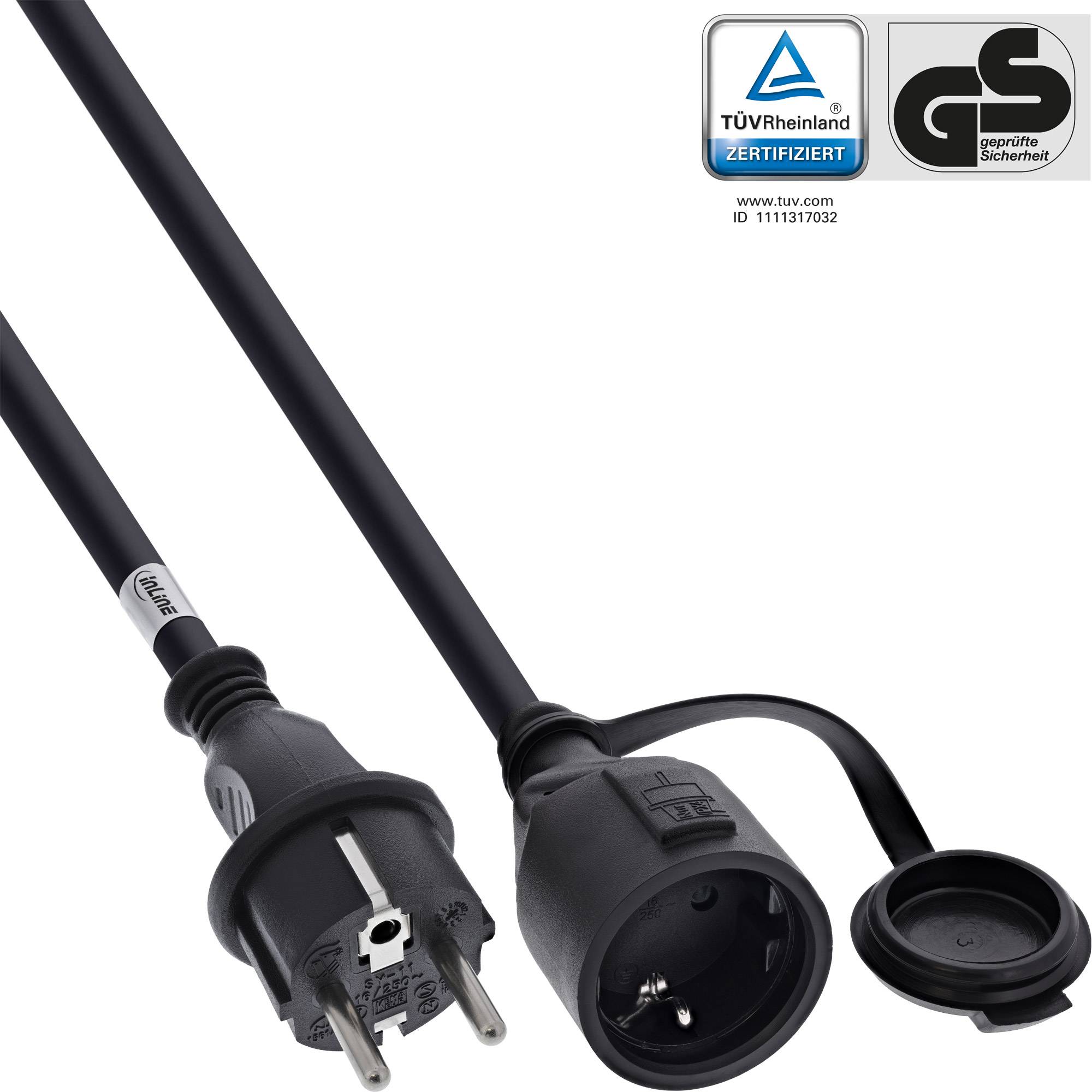 Schwarzes europäisches Stromverlängerungskabel mit Stecker und bedeckter Steckdose, gezeigt mit TÜV Rheinland und GS-Sicherheitszertifizierungslogos.
